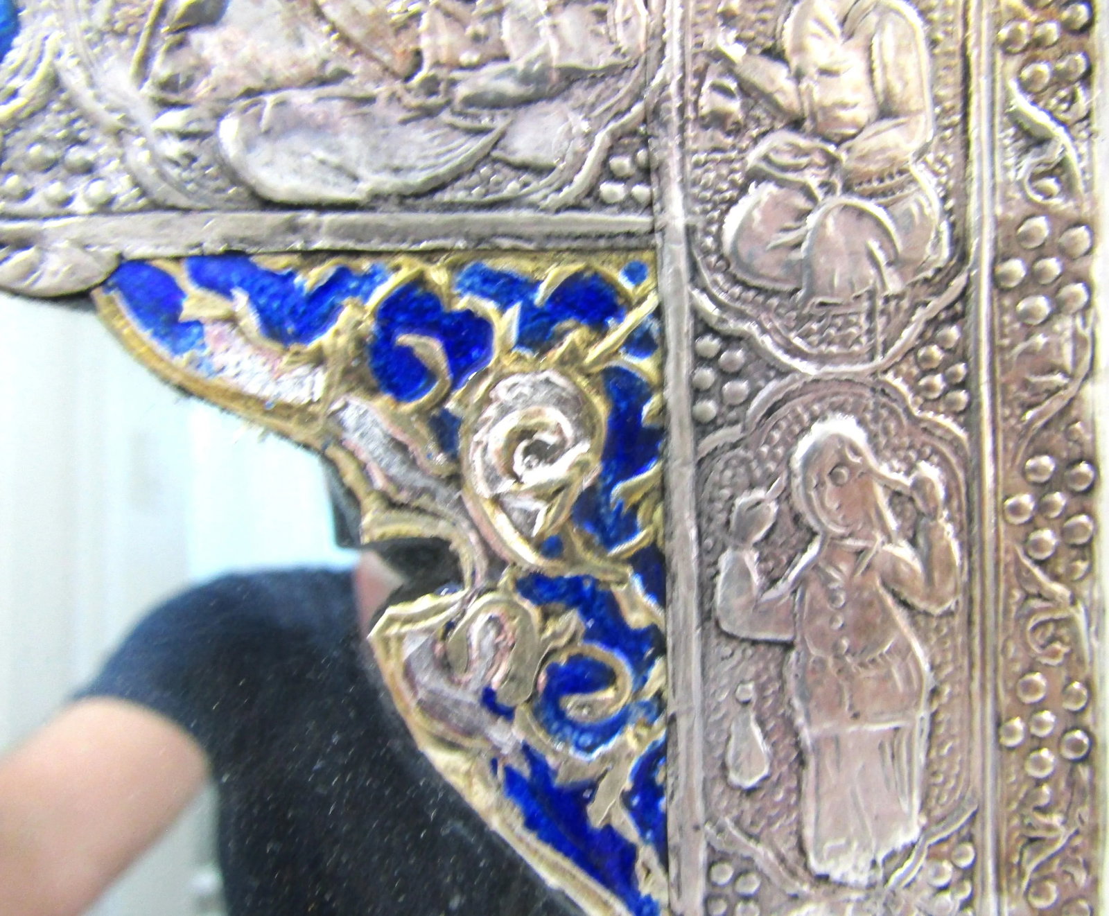 Antique Qajar Silver Plated and Enamel Decorative Mirror in Case - 6