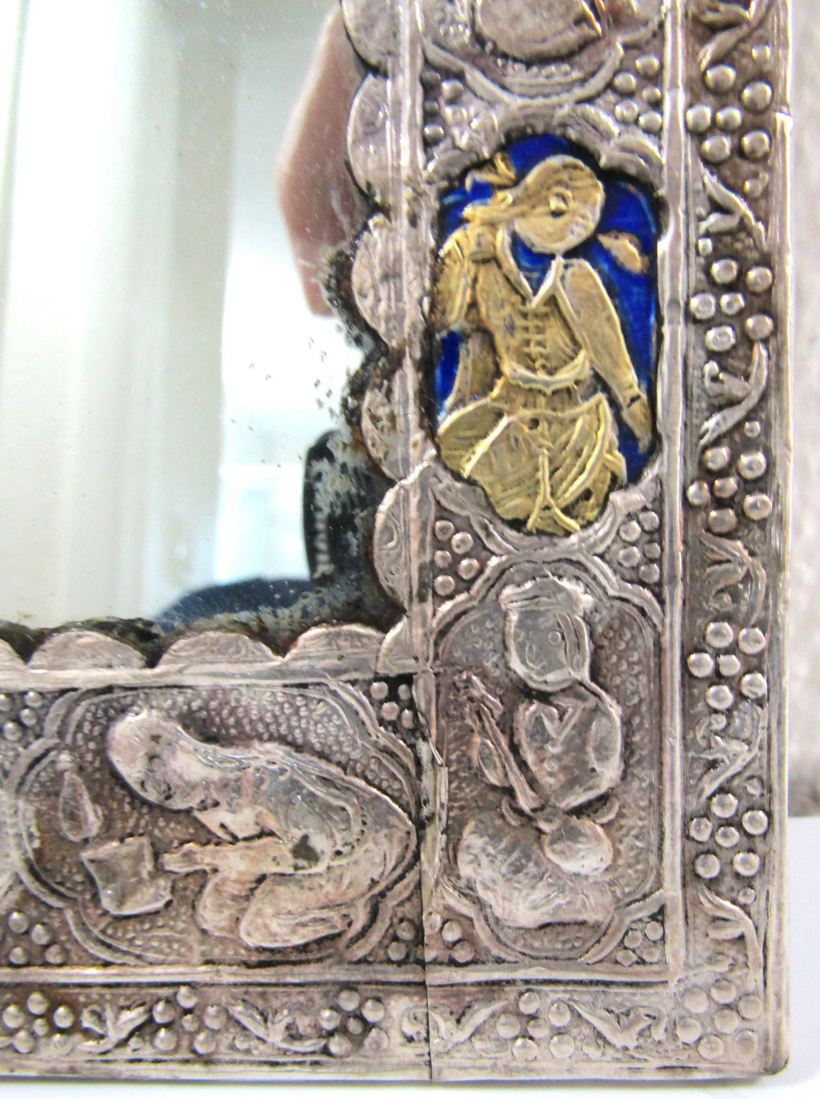 Antique Qajar Silver Plated and Enamel Decorative Mirror in Case - 9