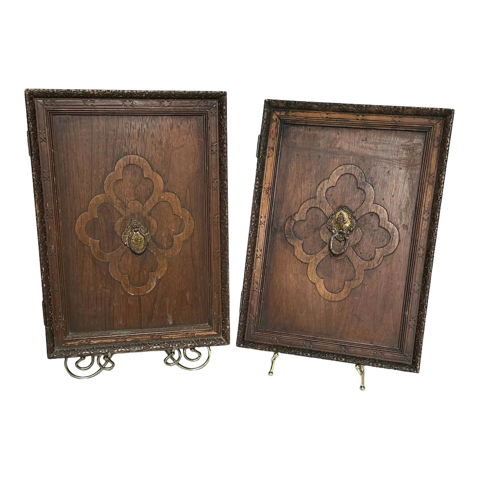 Antique Carved Panels Wall Decor- Set of 2: Lovely Pair Carved Antique Architectural Wood Panel Doors. These are reported to be removed from a buffet. Carved wood element with original metal handles. Multiple decorative uses for these pieces su