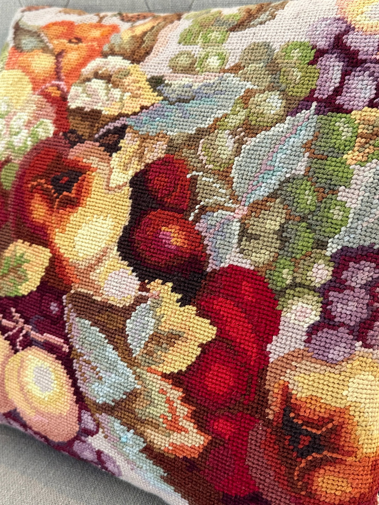 Vintage Hand Sewn Needlepoint Pillow with Fruit Motif - 4