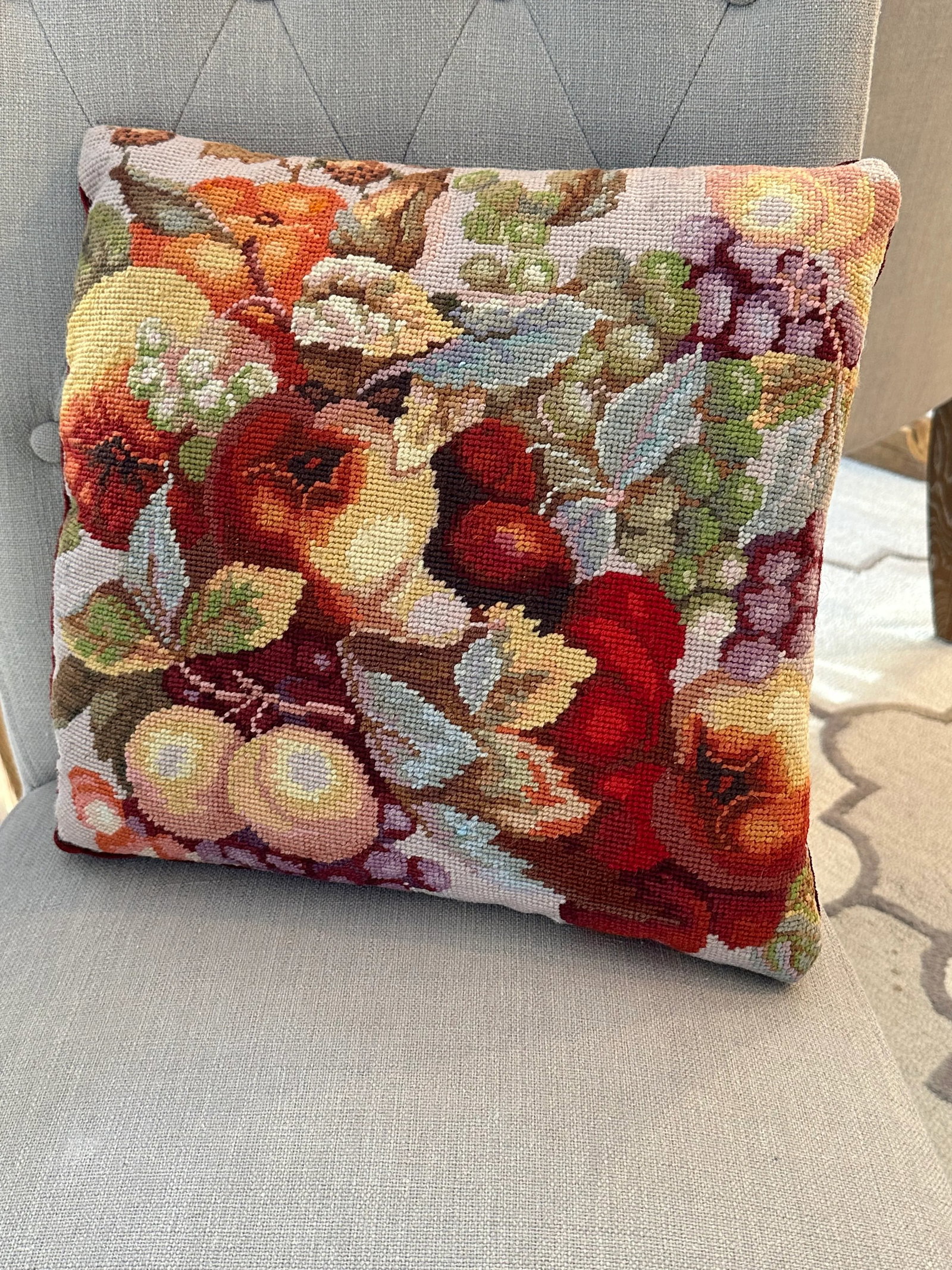 Vintage Hand Sewn Needlepoint Pillow with Fruit Motif - 5