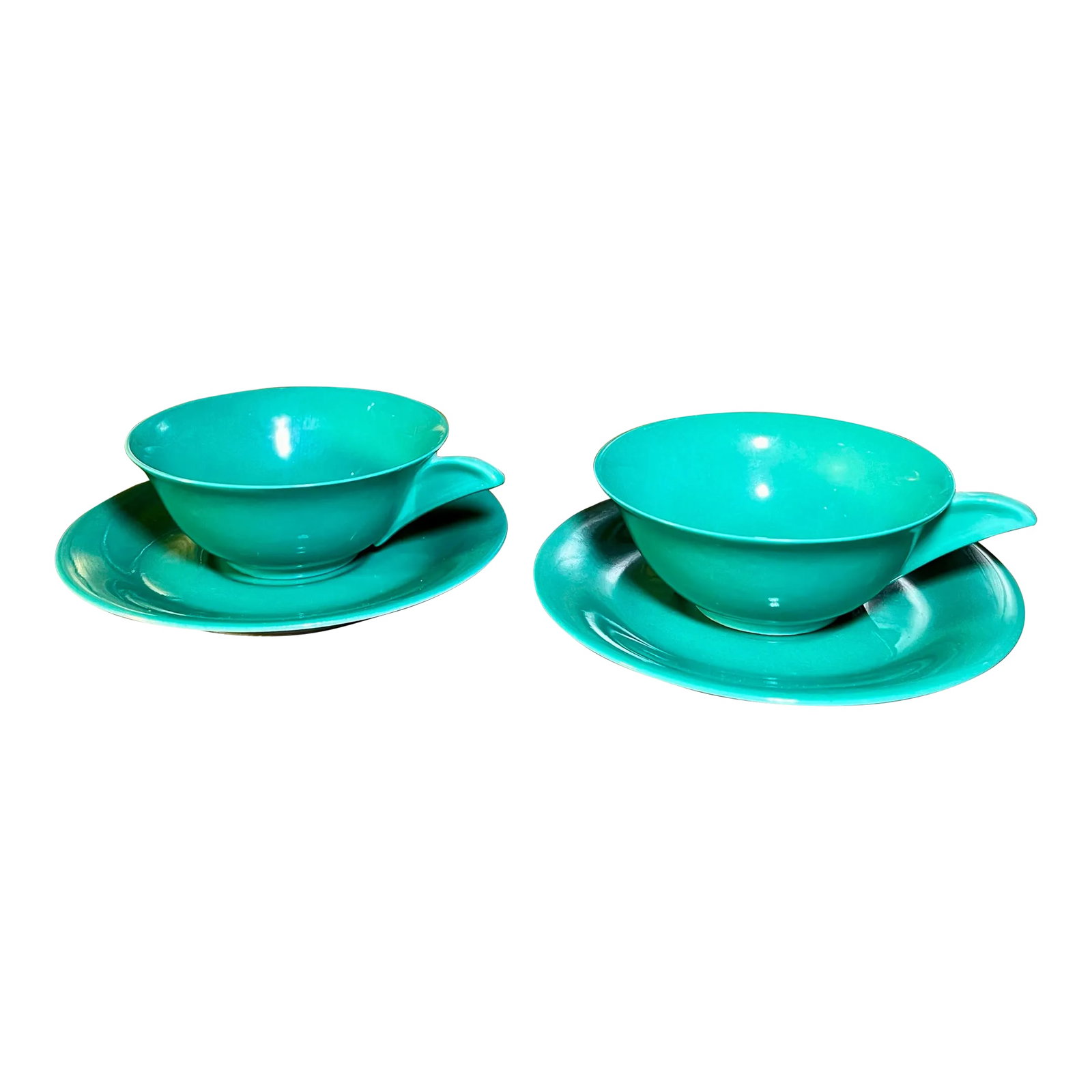 Antique T. L. B. Limoges Porcelain Cup & Saucer Set- 4 Pieces: This screams Art Deco. From the green color to the sleek form and design. T.L.B. (Touze, Lemaitre Freres & Blancher). Backstamp to underside. Circa 1929 to 1939. Cup: 5"L x 4.25"W x 1.75"H Saucer: