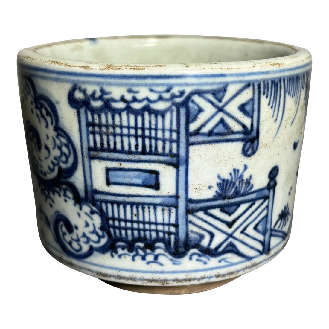 Antique Chinese Blue & White Porcelain Censer: White & blue glaze porcelain with hand painted scene of people working in harmony. Condition: Alterations: Original Condition Unaltered Imperfections: Some Imperfections Condition Notes: Age related
