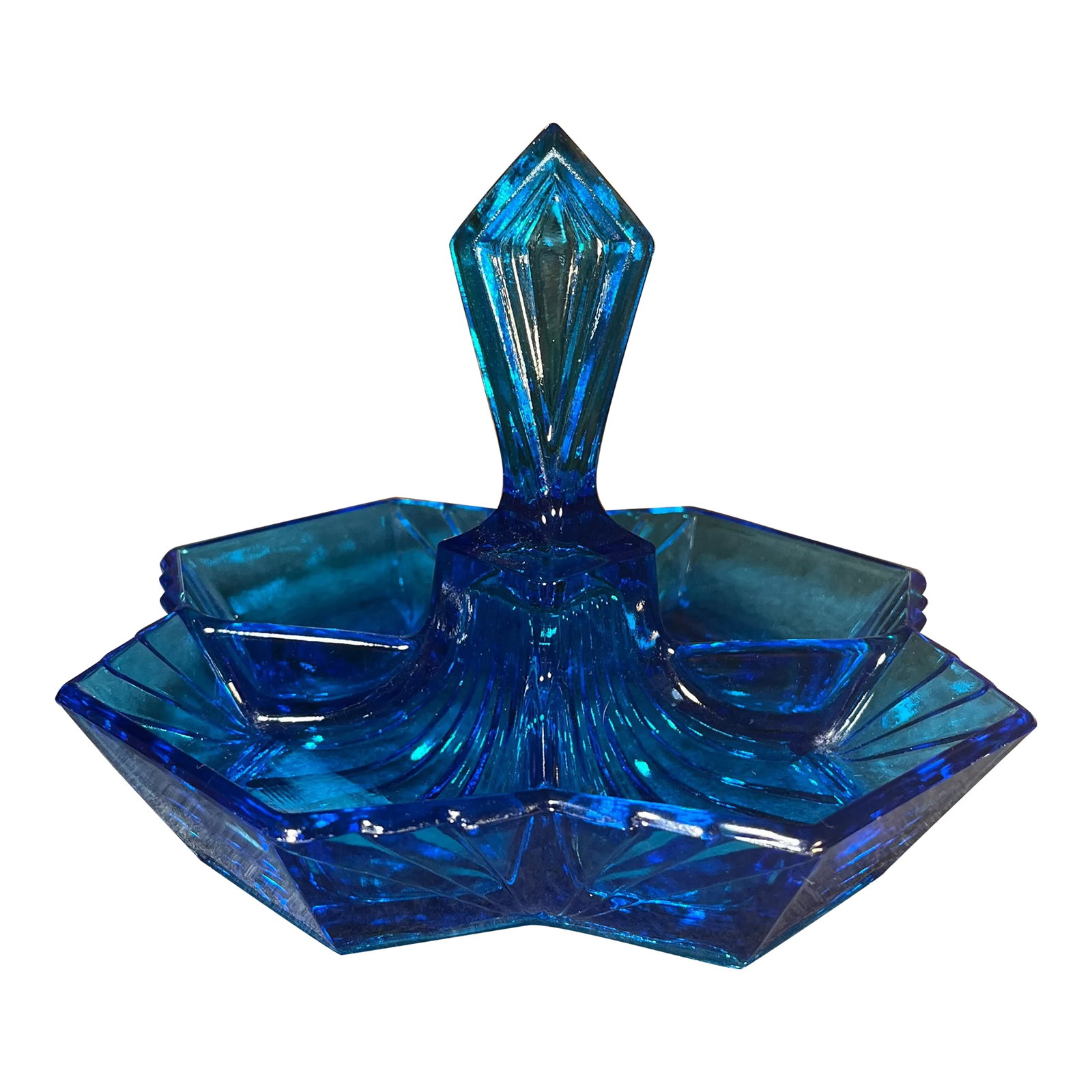 Mid 20th Century Art Deco Blue Indiana Tiara Glass Divided Dish Pyramid Handle: Brilliant blue art deco divided relish tray. Four separate compartments with a beautiful pyramid/diamond style handle. Condition: Alterations: Original Condition Unaltered Imperfections: Some