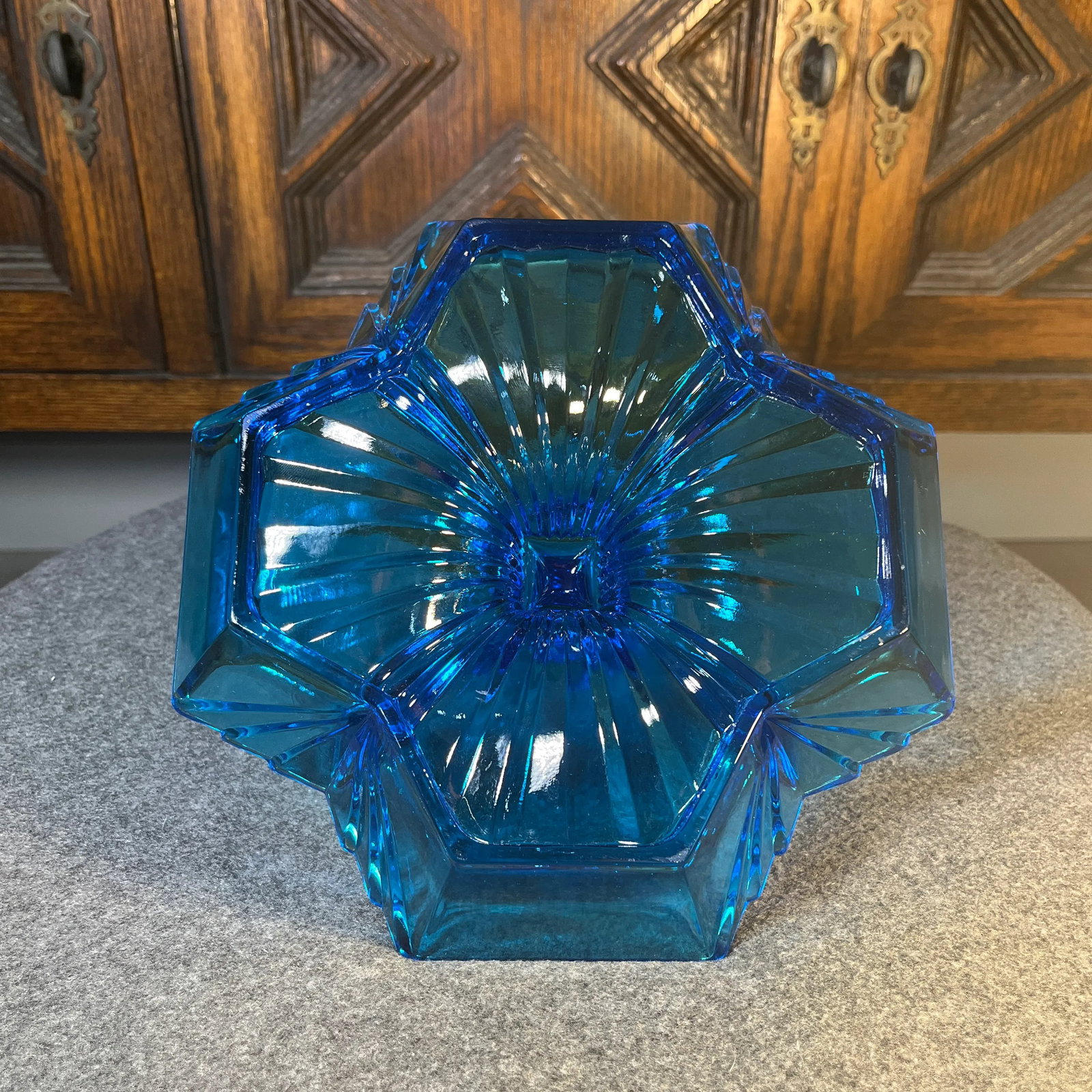 Mid 20th Century Art Deco Blue Indiana Tiara Glass Divided Dish Pyramid Handle - 8