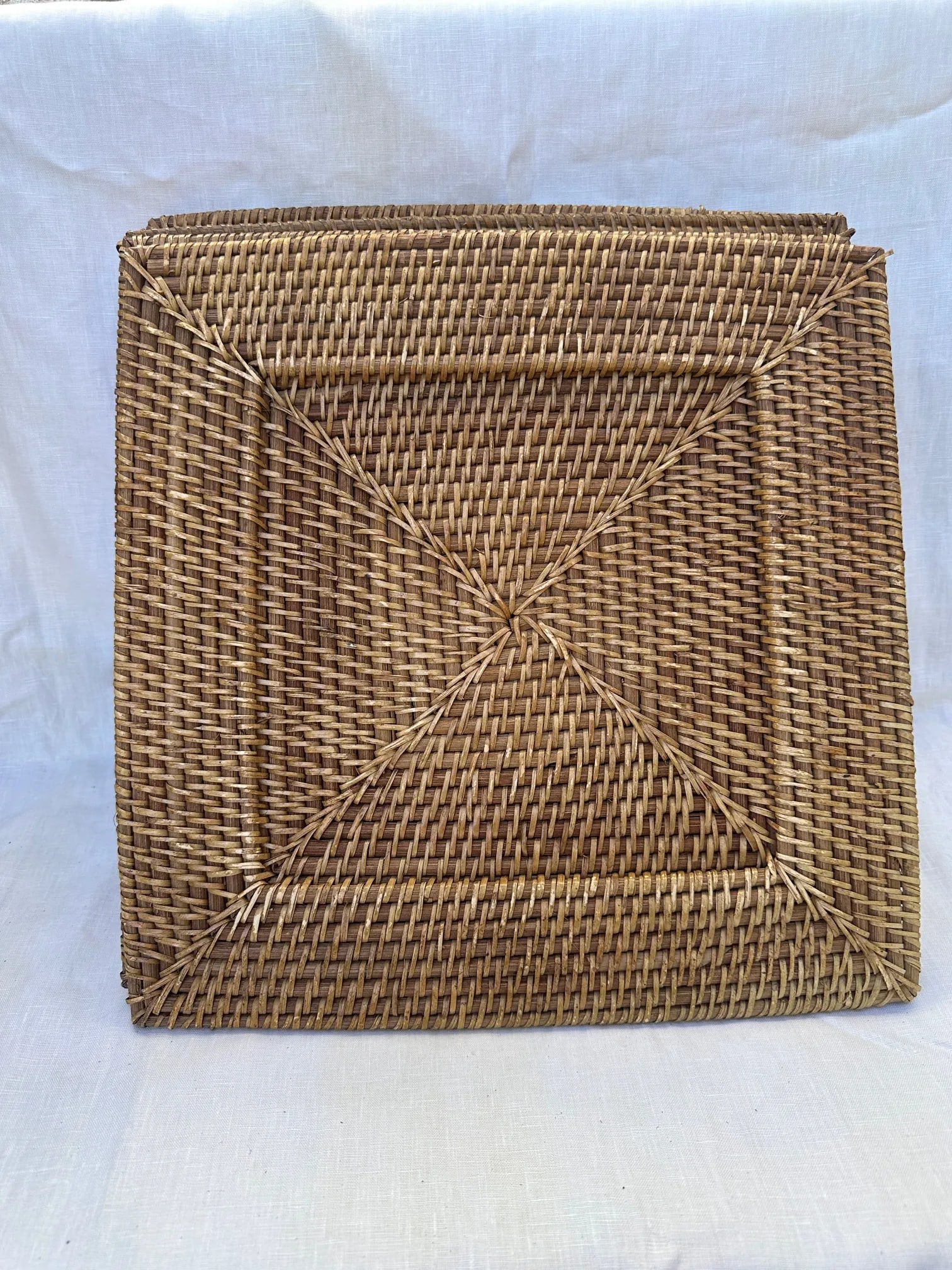 Vintage Set of 6 Square Hand Woven Rattan Plate Chargers - 2