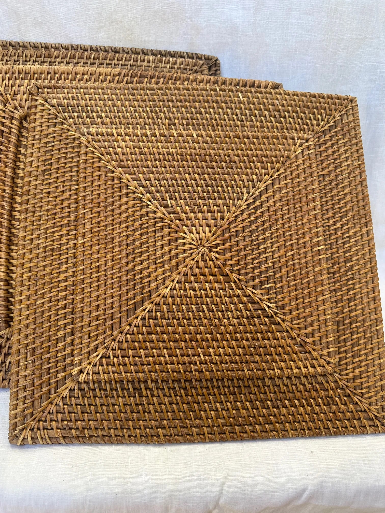 Vintage Set of 6 Square Hand Woven Rattan Plate Chargers - 5
