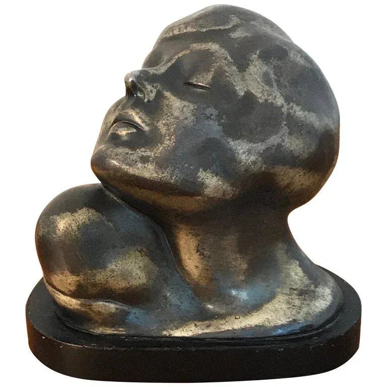 Early 20th Century Art Deco Zinc Flapper Portrait Bust - 10