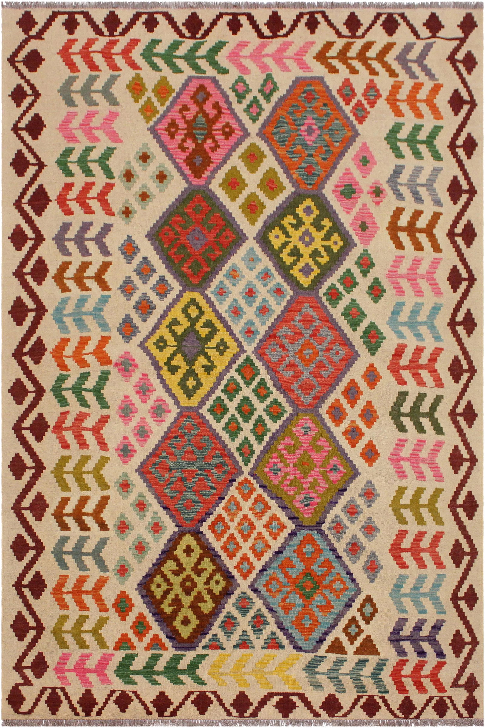 Shabby Chic Kilim Red Hand-Woven Wool Rug -5'9'' * 7'6'': Add a touch of elegance to your home with this casual chic hand woven Tribal Kilim Hand-Woven Wool Rug. Constructed on a loom by Nomad Turkman people with hand spun wool and 100% Natural Vegetable