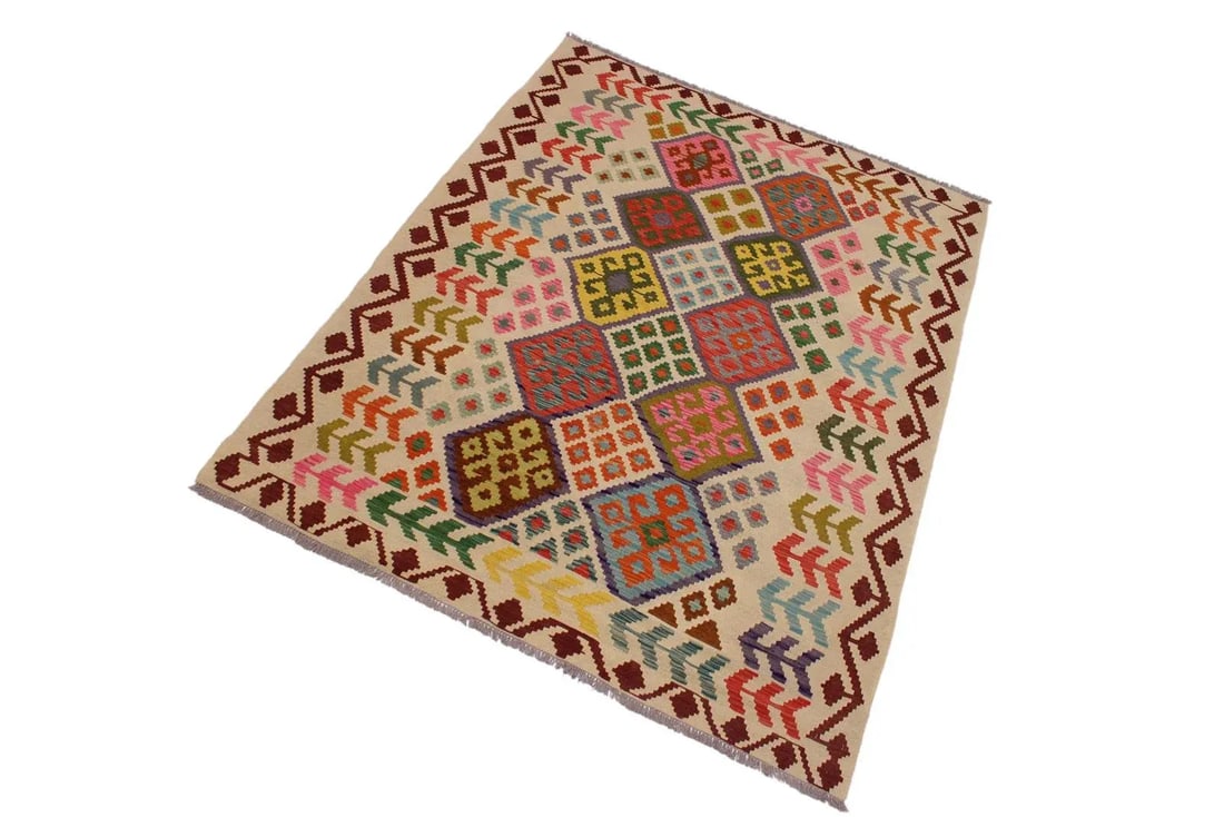 Shabby Chic Kilim Red Hand-Woven Wool Rug -5'9'' * 7'6'' - 2