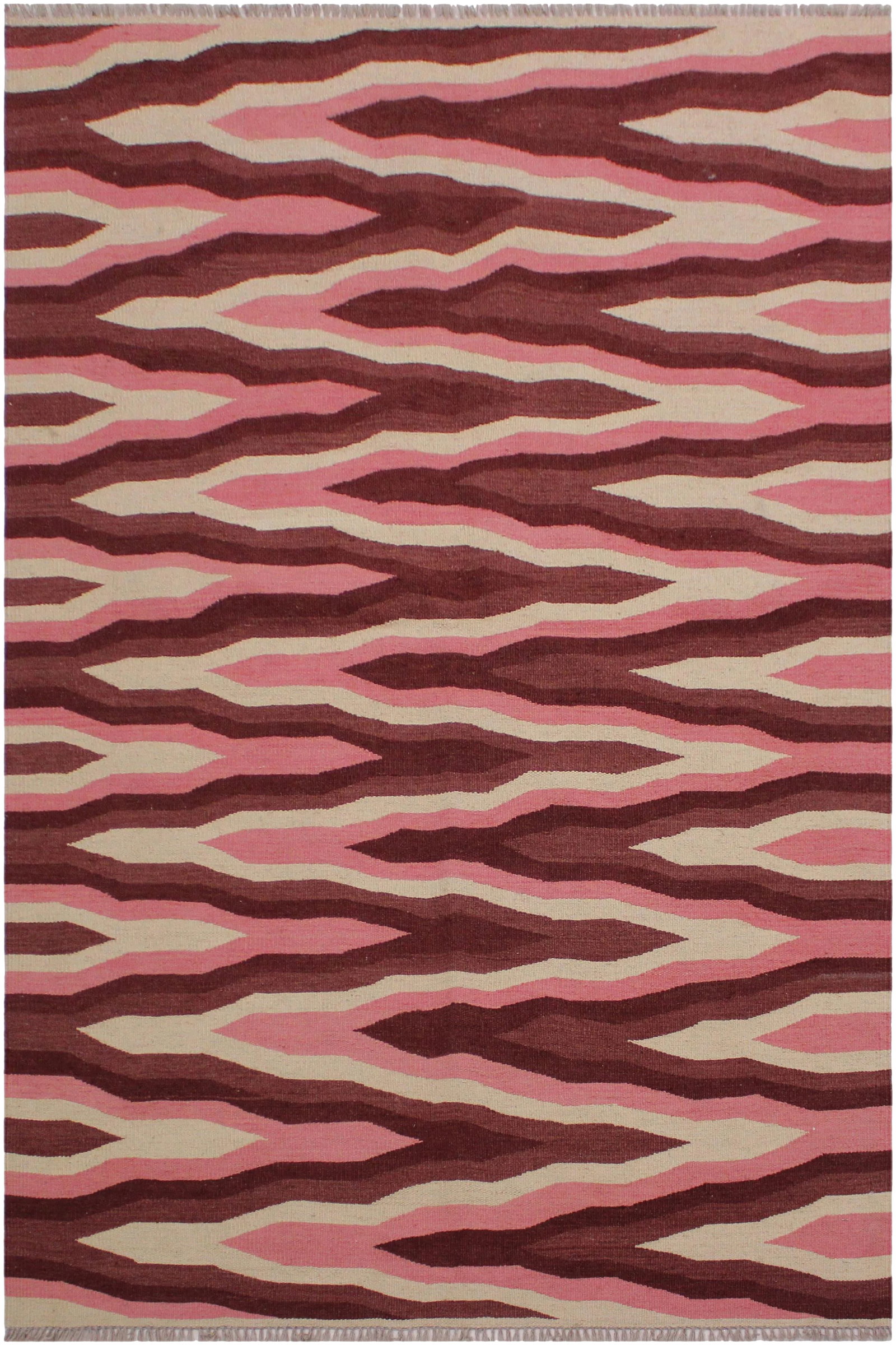Abstract Kilim Pink Hand-Woven Wool Rug - 4'3'' * 6'1'': Add a touch of elegance to your home with this casual chic hand woven Tribal Kilim Hand-Woven Wool Rug. Constructed on a loom by Nomad Turkman people with hand spun wool and 100% Natural Vegetable dye