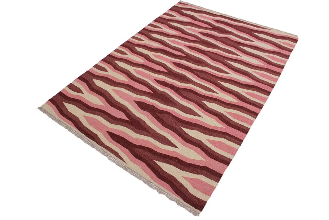 Abstract Kilim Pink Hand-Woven Wool Rug - 4'3'' * 6'1'' - 2