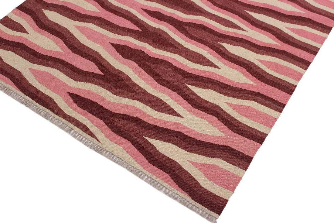 Abstract Kilim Pink Hand-Woven Wool Rug - 4'3'' * 6'1'' - 3