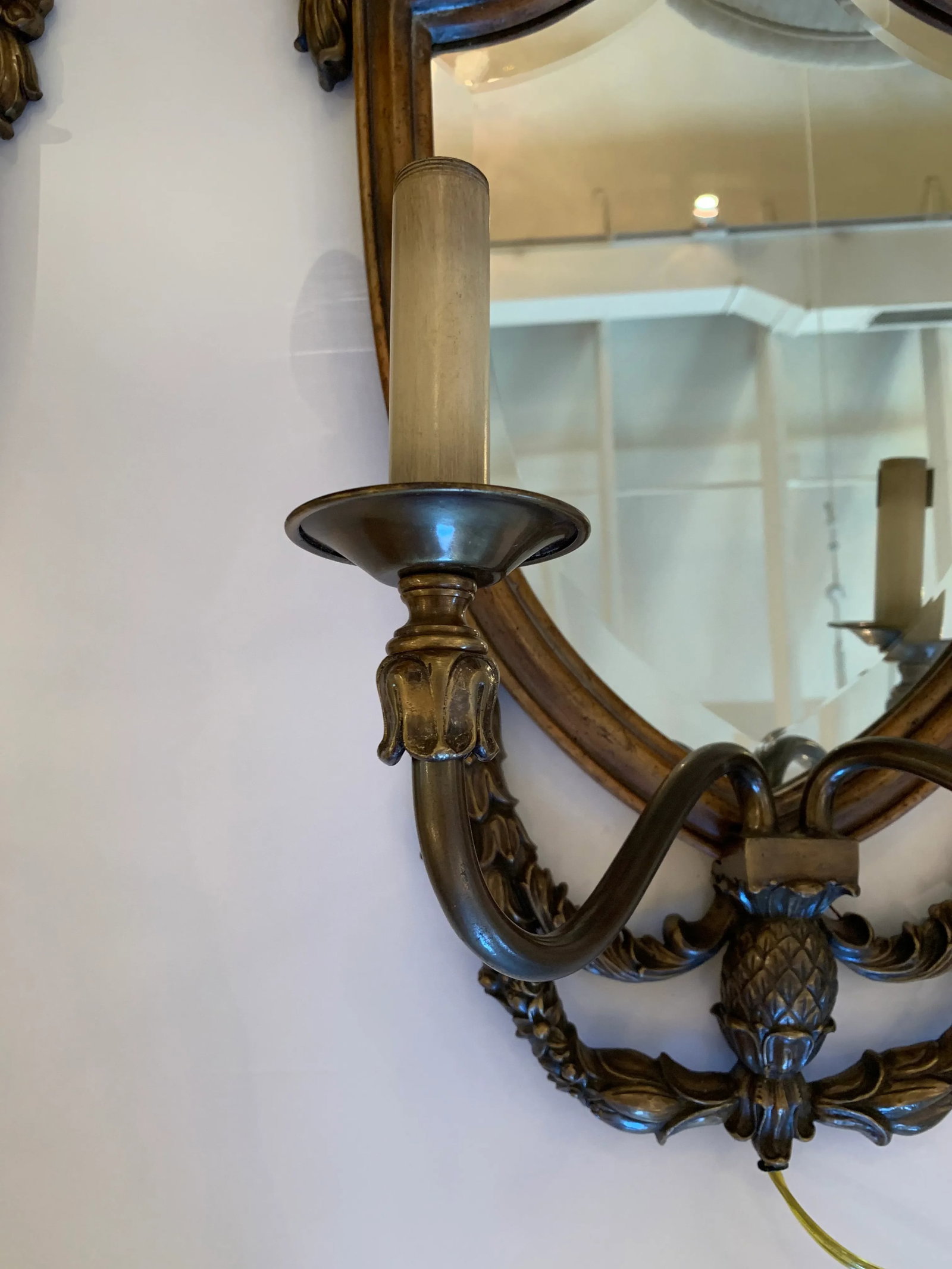 Handsome Shield Back Mirror Two-Arm Sconces With Bronze Medallion Top - a Pair - 10