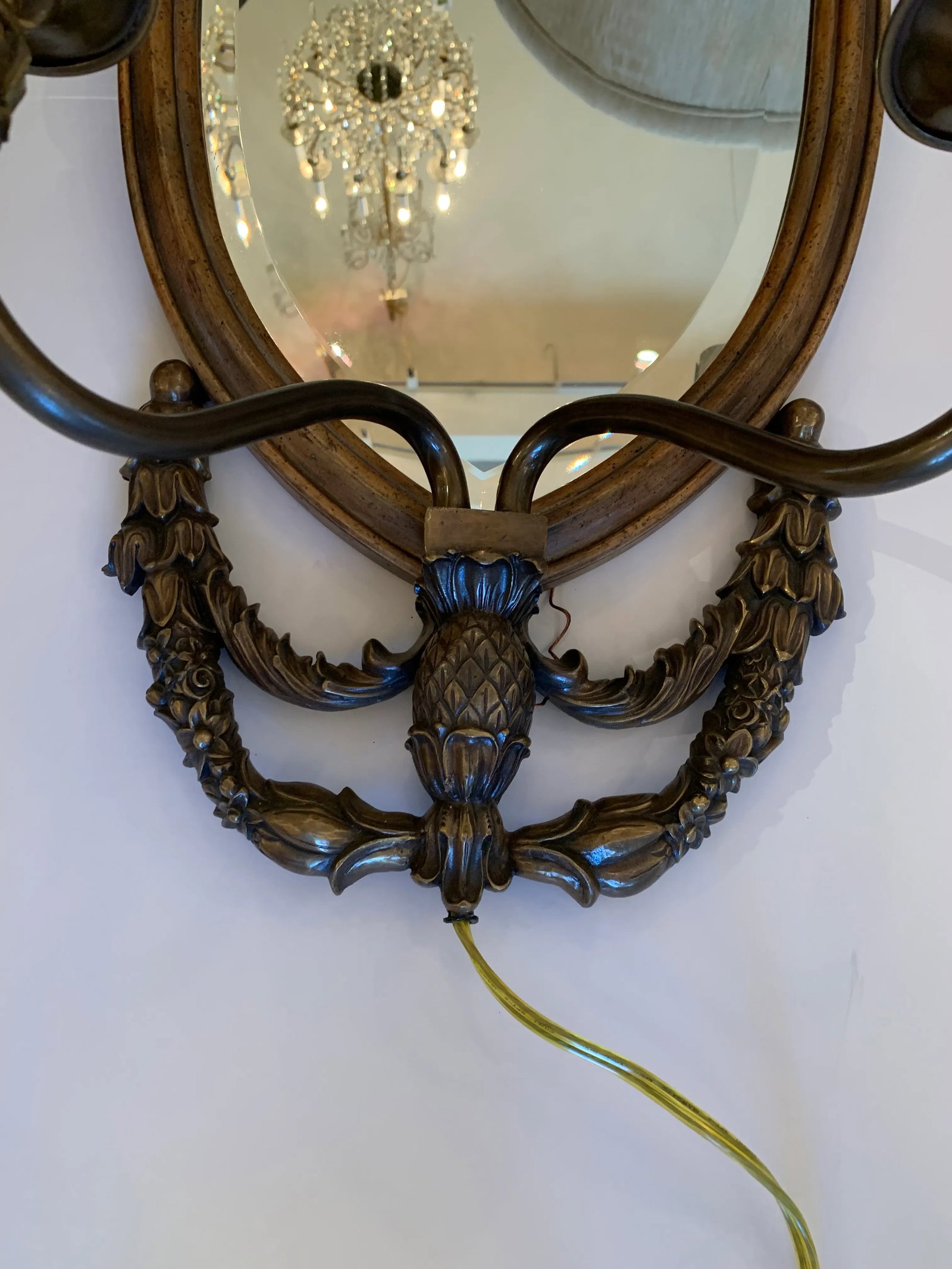 Handsome Shield Back Mirror Two-Arm Sconces With Bronze Medallion Top - a Pair - 6