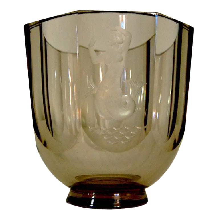 Vintage Nils Landberg for Orrefors Engraved Mermaid Art Deco Glass Vase, Signed 1944: Elegant "Mermaid" Swedish Art Deco Art Glass Vase by famed Swedish glass artist Nils Landberg (1907 - 1981) for Orrefors Glassworks. This heavy hand blown vase faceted beauty feathers a frosted