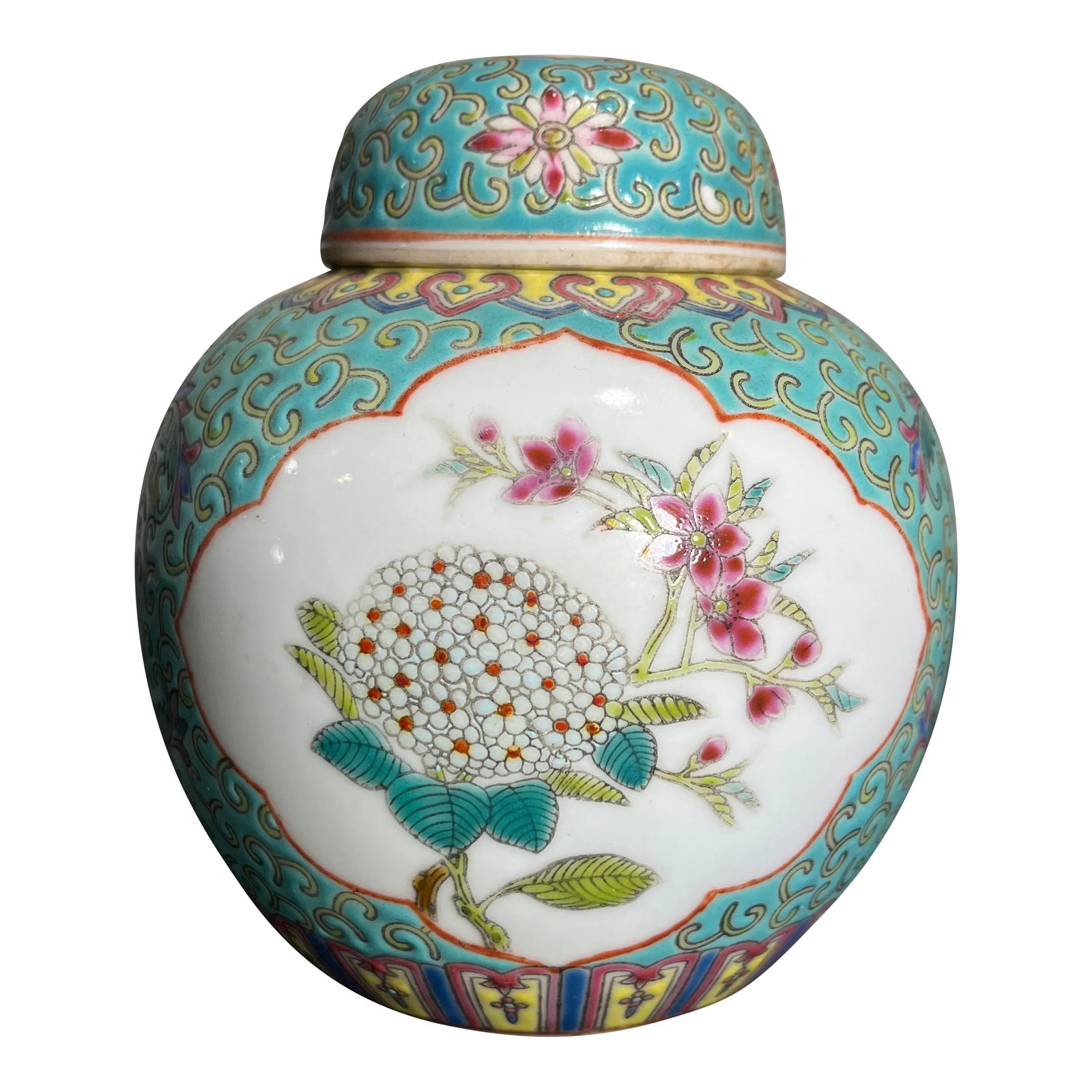 Chinese Famille Rose Ginger Jar: Chinese Famille rose Ginger Jar with green body and two white panels with flowers and bird. Cork stopper in top. Circa 1900. Condition: Alterations: Original Condition Unaltered Imperfections: Some