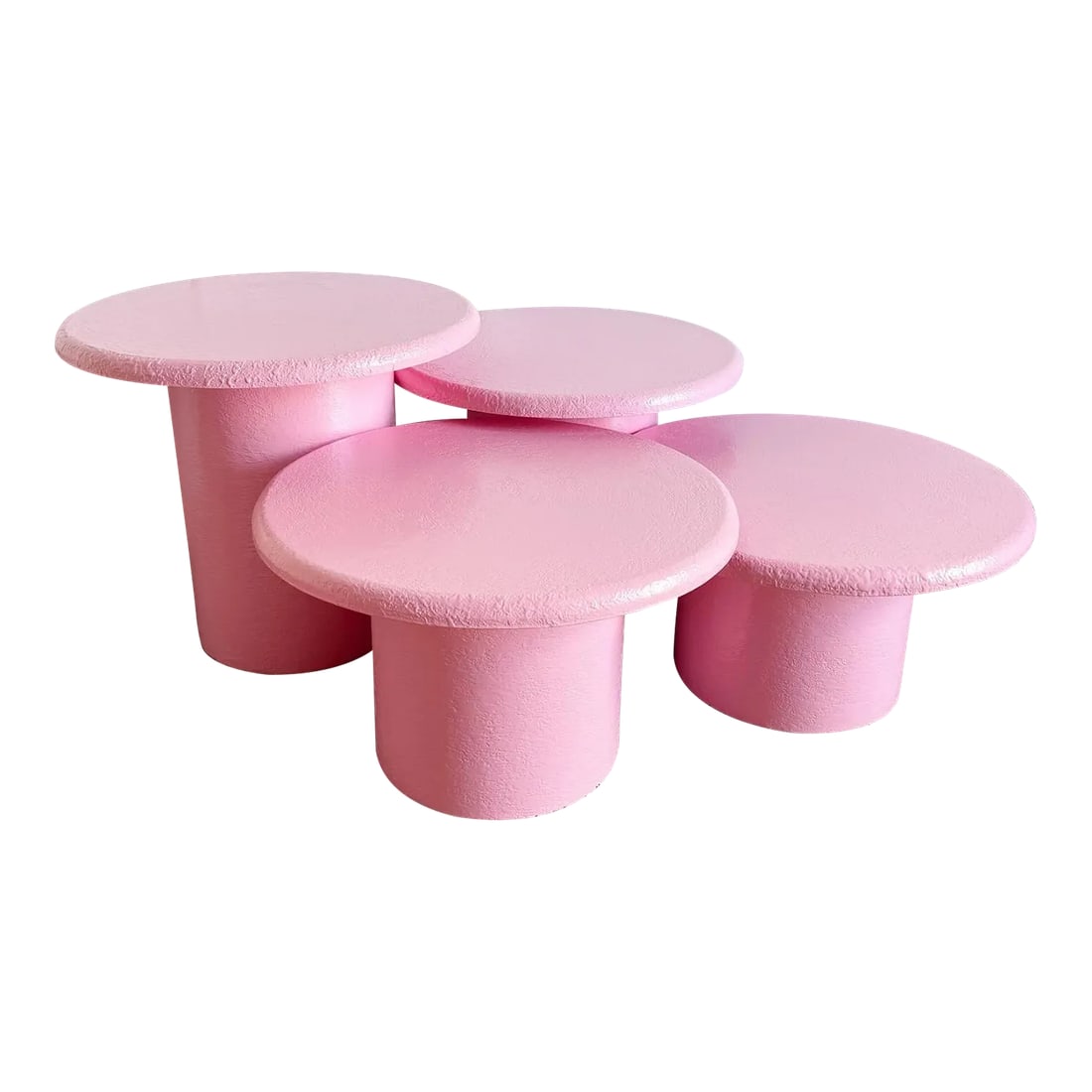 Postmodern Pink Textures Circular Mushroom Nesting Tables - Set of 4: Elevate your home's style with this striking set of four Postmodern Pink Textured Circular Mushroom Nesting Tables. Each table boasts a unique pink textured finish, adding a modern and playful flair