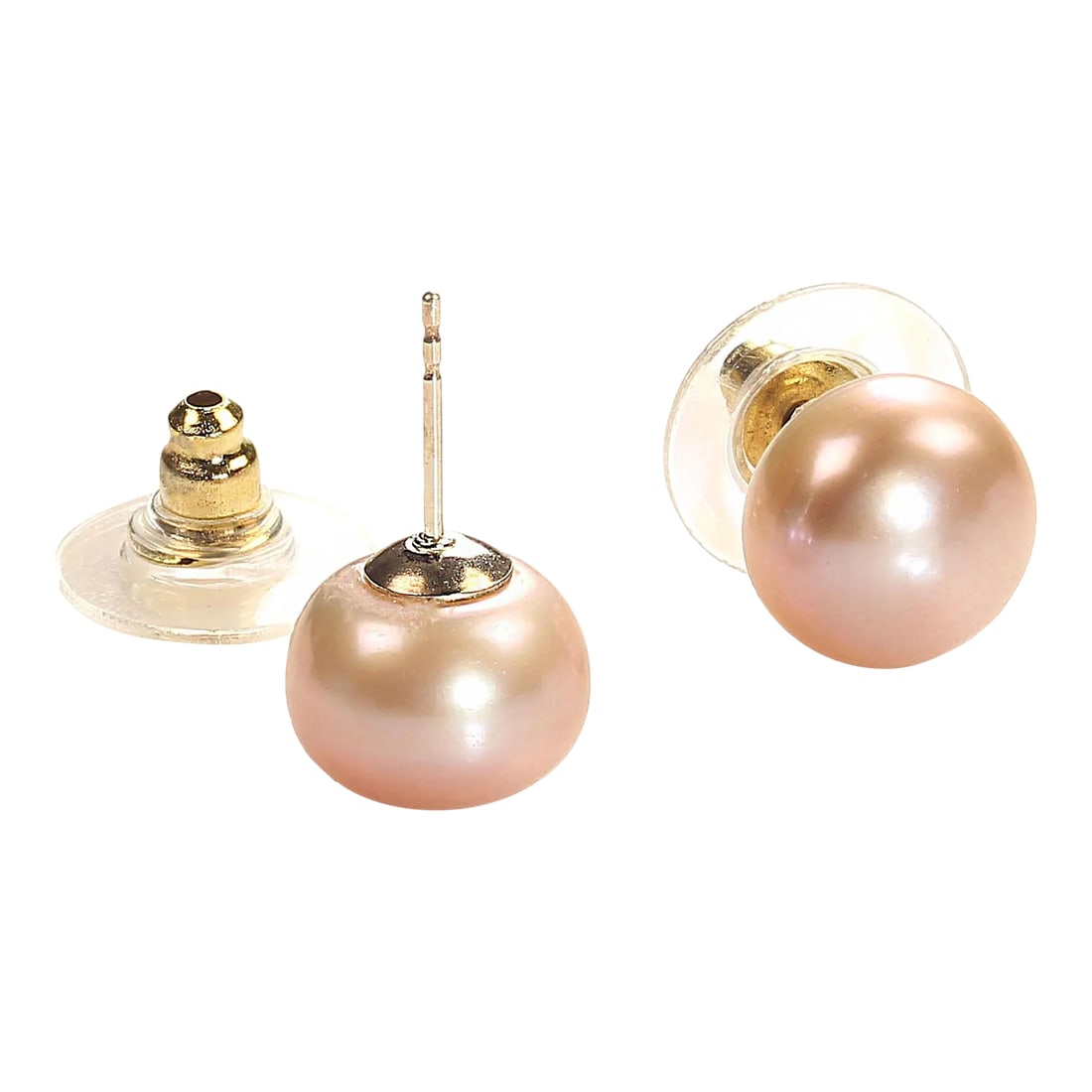AJD Classic Pinky/Mauve Pearls on 14k Yellow Gold Posts - 2 Pieces: This is part of Chairish's Fine Jewelry assortment. Classic Pearl studs. Wear these day and evening. This pais is a lovely pinky/mauve that complements every skin tone. At 10 MM they are a perfect