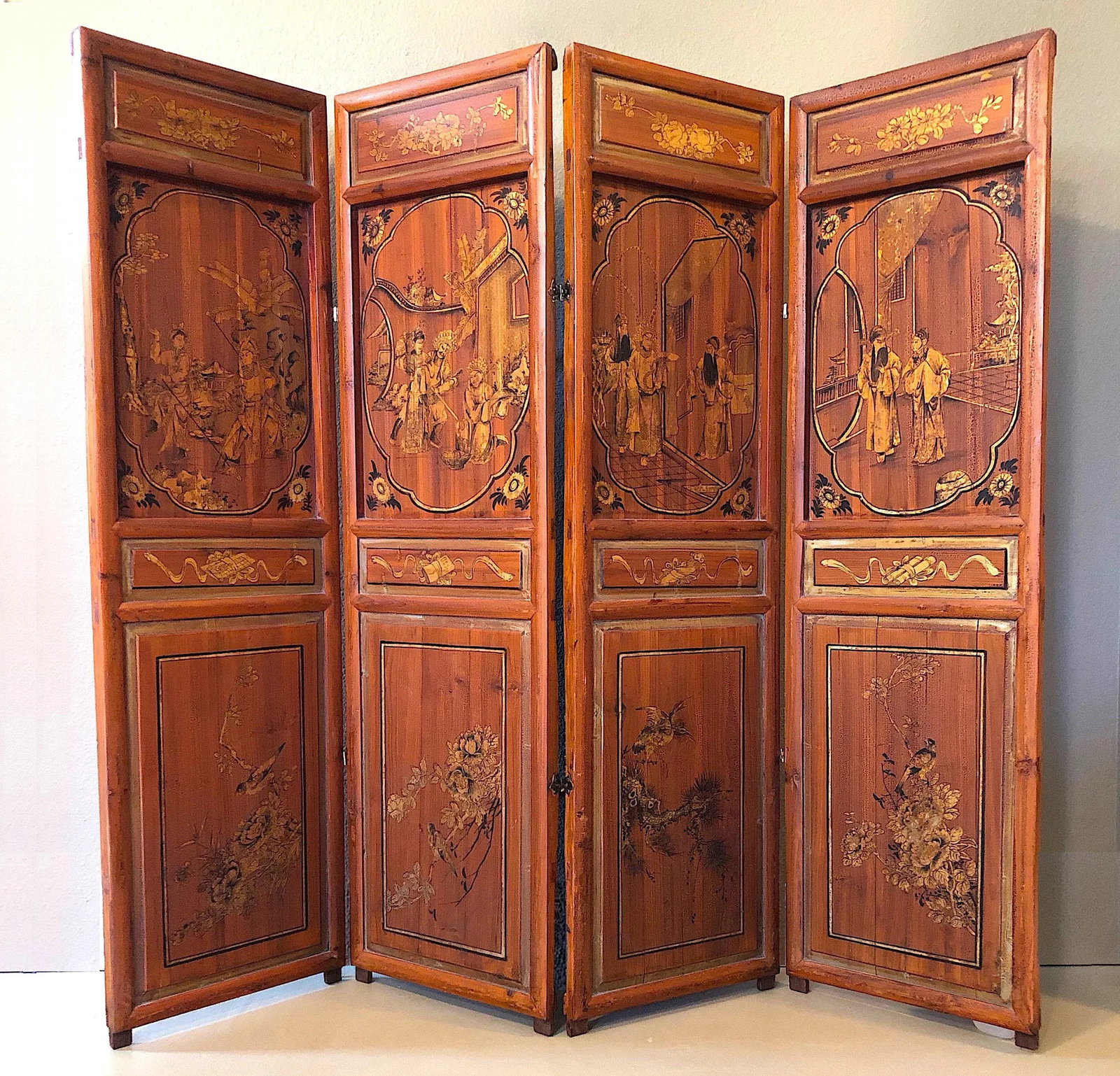 Antique Chinese Hand Painted 4-Panel Wood Screen - 13