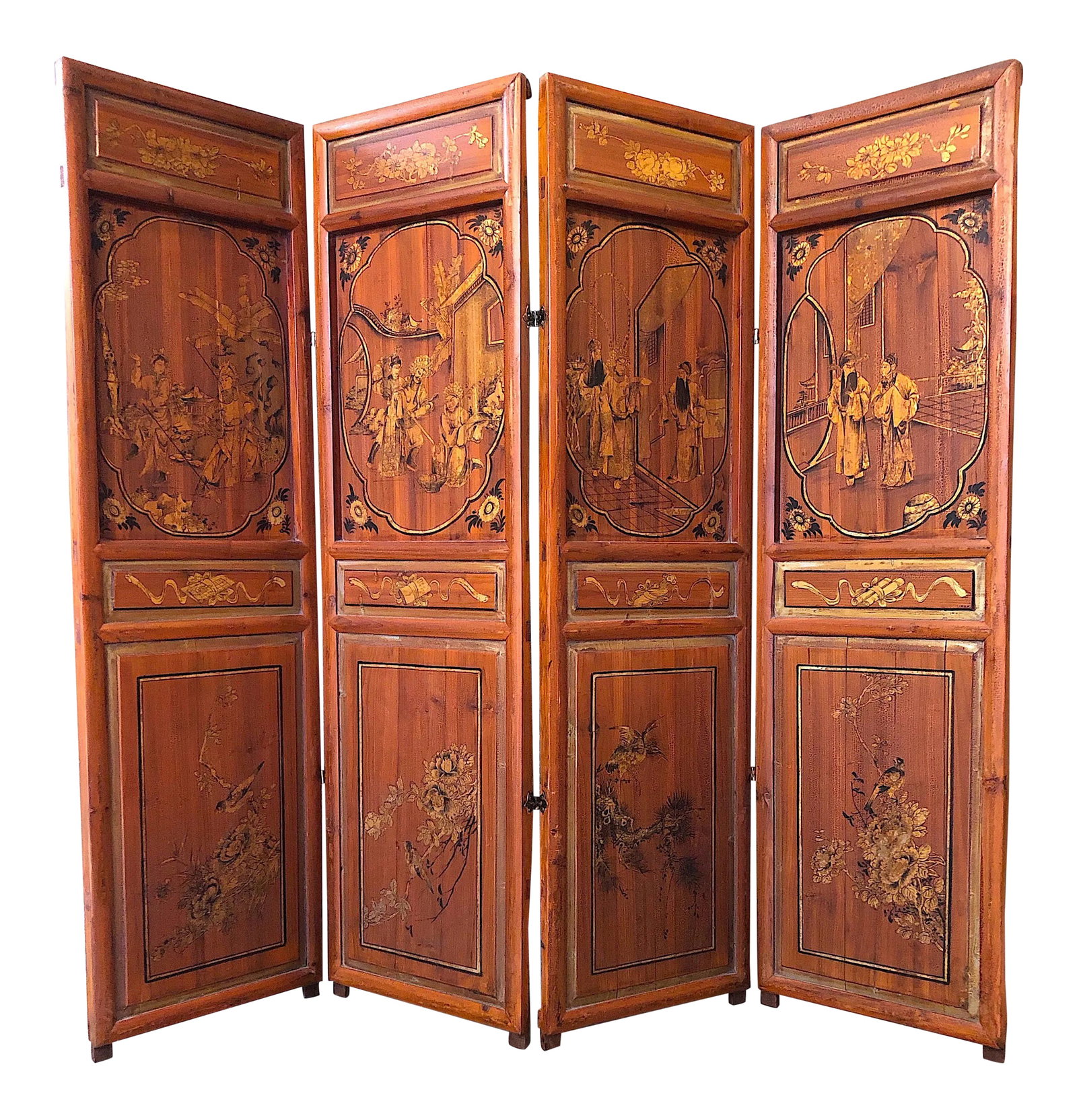 Antique Chinese Hand Painted 4-Panel Wood Screen (1 of 13)
