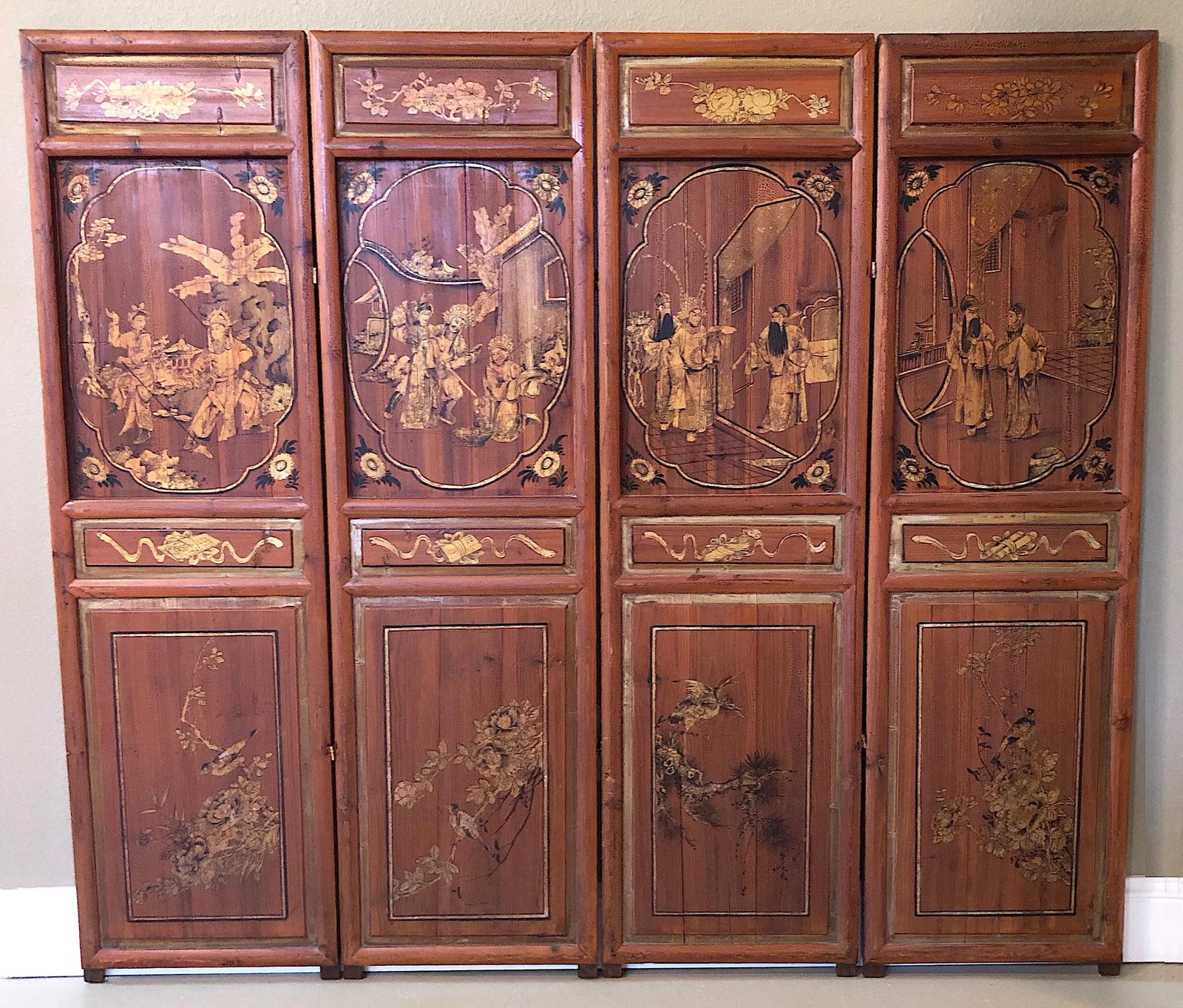 Antique Chinese Hand Painted 4-Panel Wood Screen - 2
