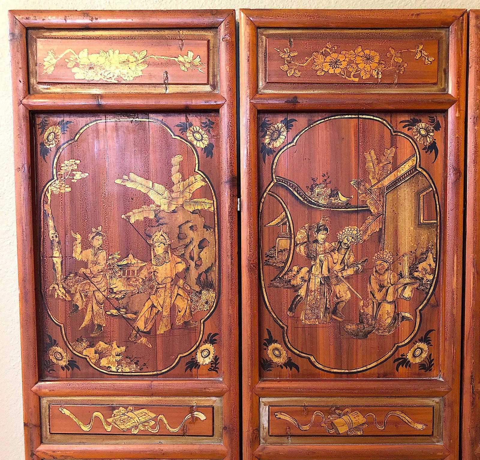Antique Chinese Hand Painted 4-Panel Wood Screen - 3