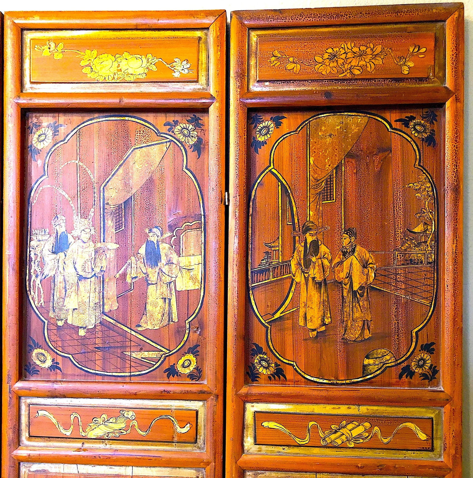 Antique Chinese Hand Painted 4-Panel Wood Screen - 4