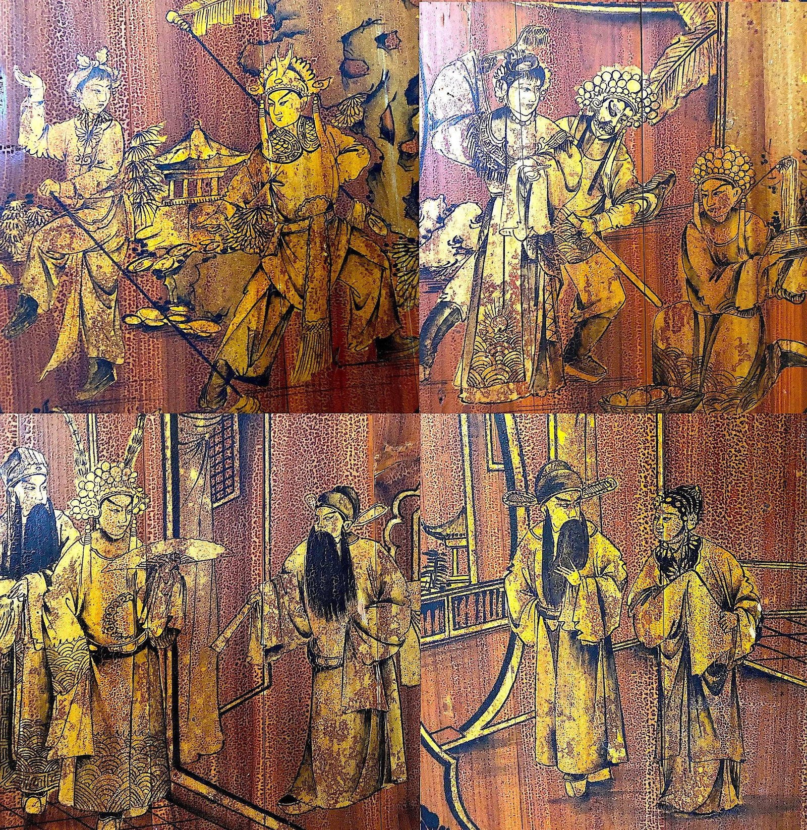 Antique Chinese Hand Painted 4-Panel Wood Screen - 7