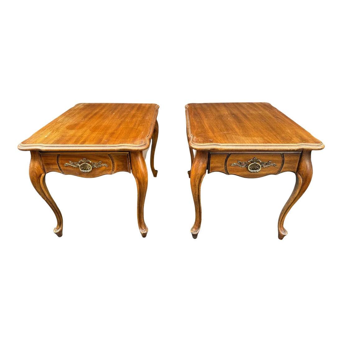 Thomasville Side Tables - a Pair: Quick Hits: - Pair of Thomasville side tables - Classic French Country design with intricate carvings - Warm wood finish with elegant hardware - Perfect for living rooms, bedrooms, or as accent
