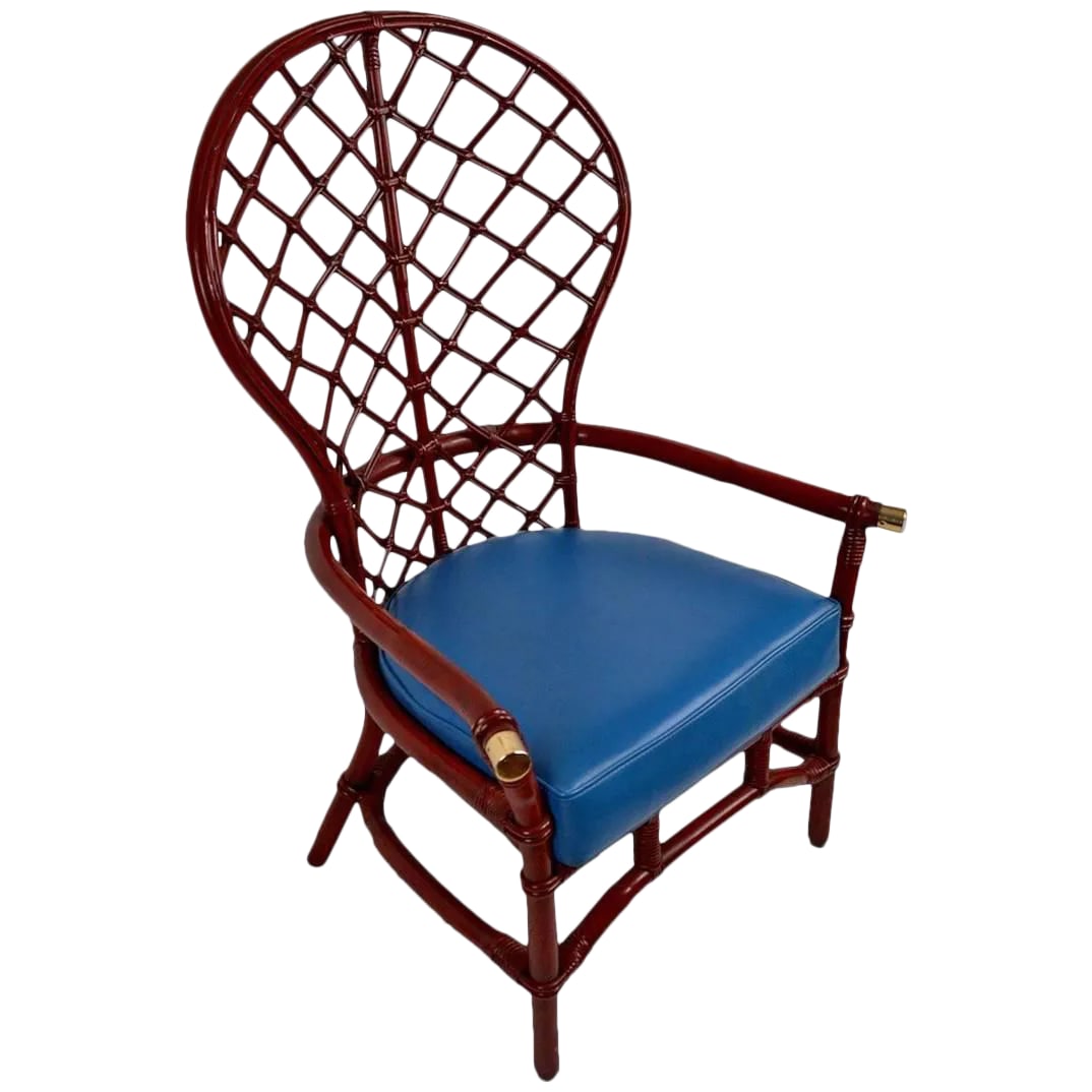 High Fan Back Woven Wicker Chair by Ficks Reed: Stylish woven stick wicker and bamboo fan back chair with exaggerated high back. Asian influenced design, Mid-Century Asia Modern Papasan, Peacock style chair. This example is in original Chinese red