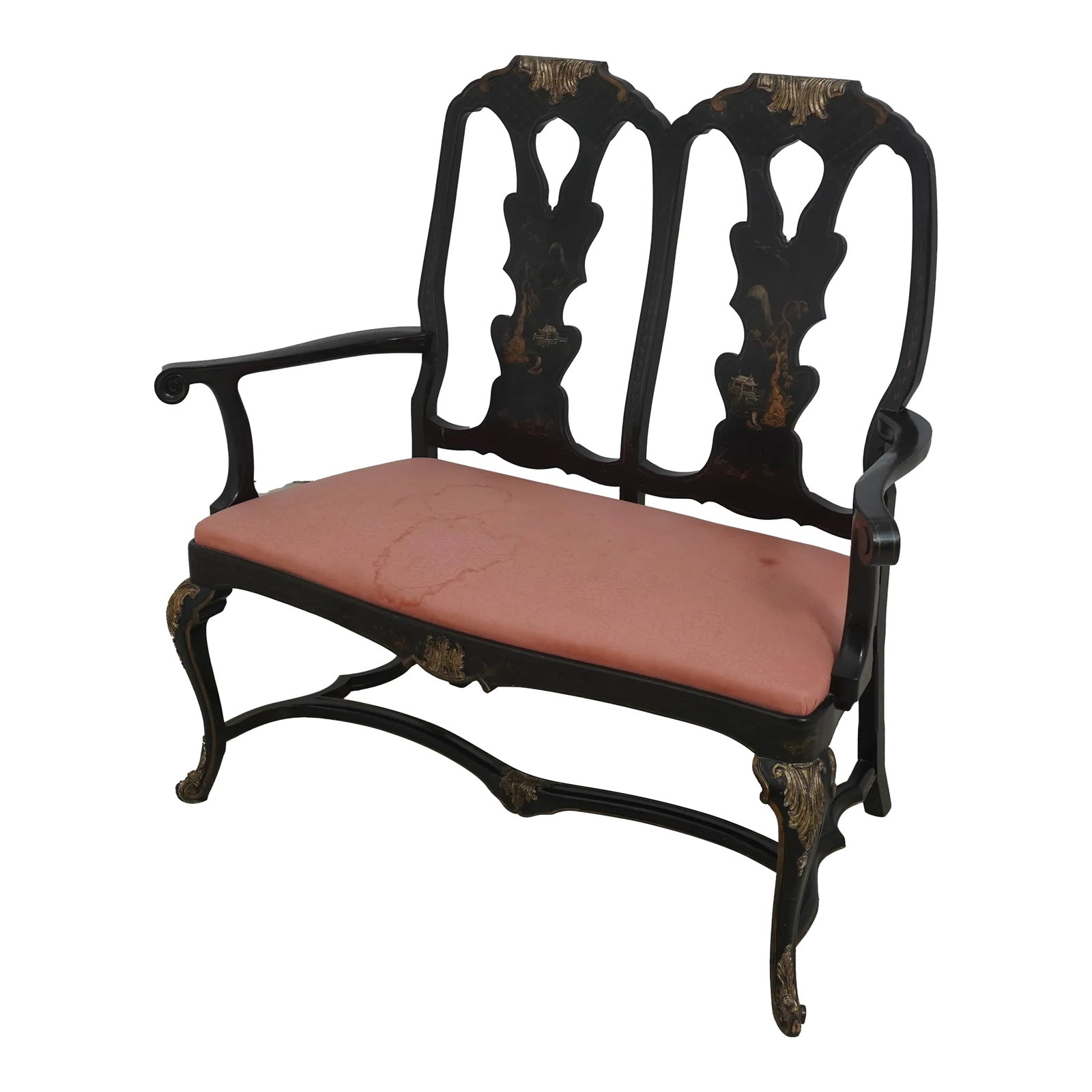 Chinoiserie Decorated Vintage Double Back Settee: Age: Approx: 60 Years Old Details: Distressed Finish Nice Older Vintage Settee Chinoiserie Painted Details Condition: Excellent Condition - Minor Signs Of Light Household Use-Age Soiling & Staining To