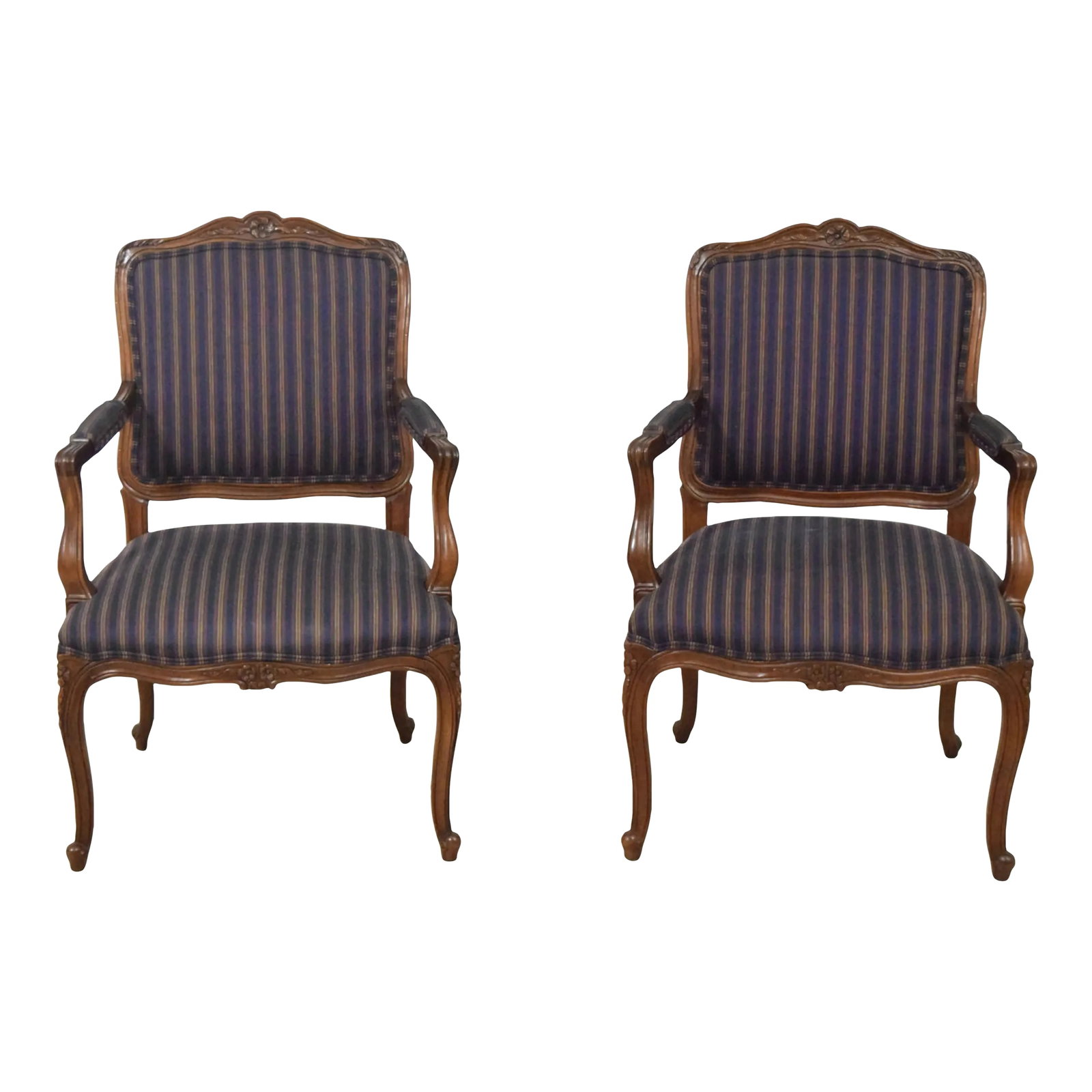 Pair Kindel French Louis XV Upholstered Armchairs: Age: C.1976 Details: French Louis XV Style High Quality Construction Cherry Finish Condition: Excellent Original Finish & Condition 1 Seat Has Stain As Shown Minor Soiling To Upholstery Size: 25w x 25