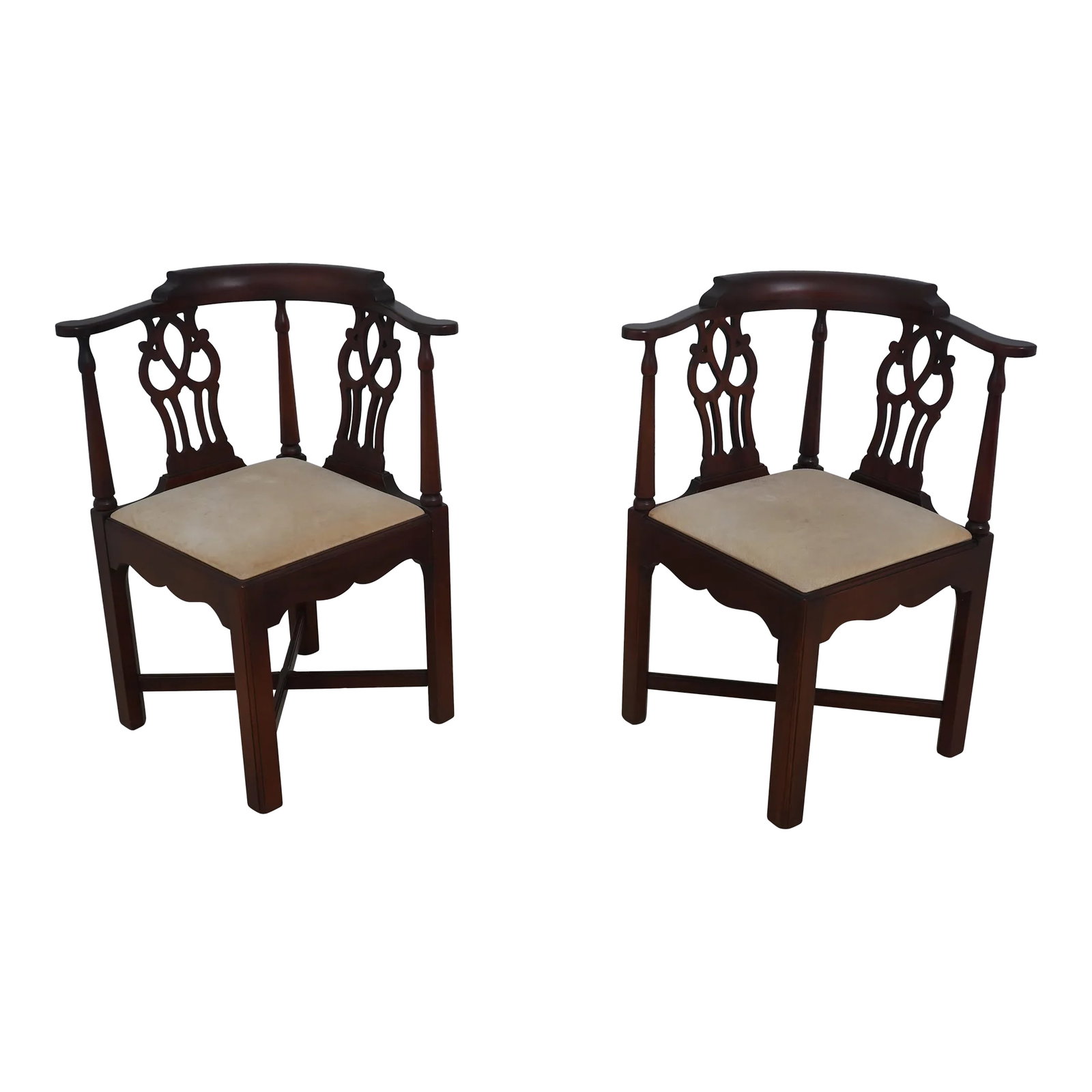 Pair Hickory Chair Chippendale Mahogany Corner Chairs: Age: Approx: 30 Years Old Details: Nice Matched Pair Quality Construction 18 C. Design Chippendale Style Traditional Style Stretcher Base Frames Condition: Excellent Original Finish & Condition Some