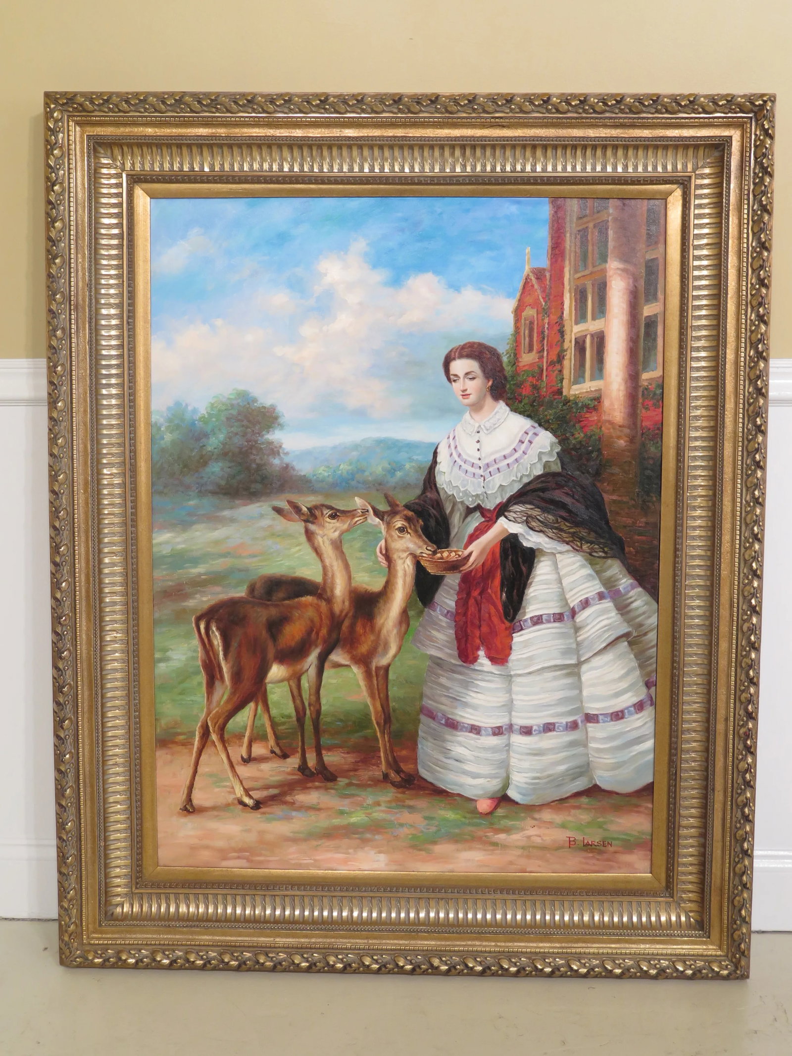 1990s Vintage "Woman Feeding Deer" Framed Oil Painting on Canvas - 10