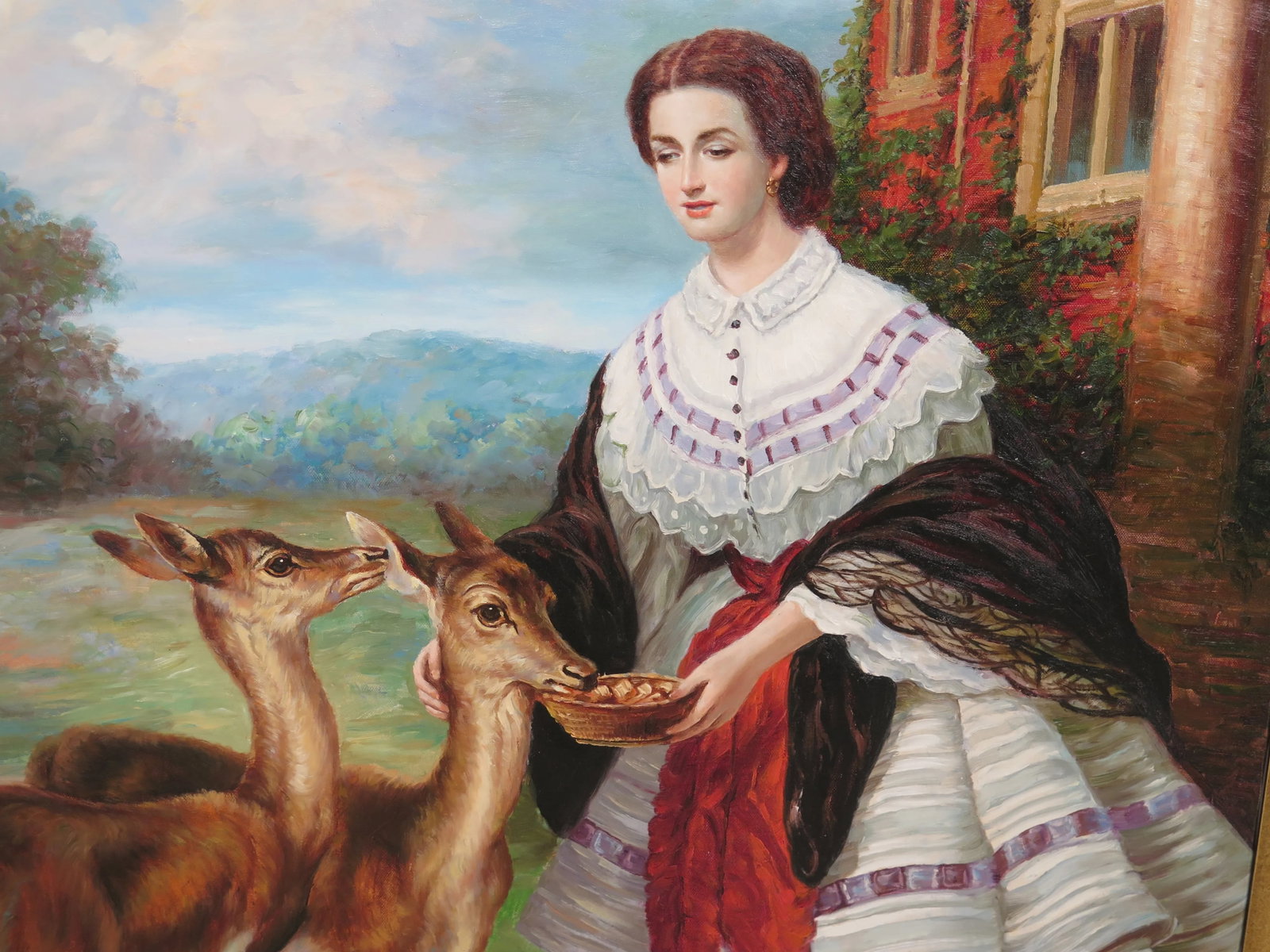 1990s Vintage "Woman Feeding Deer" Framed Oil Painting on Canvas - 2