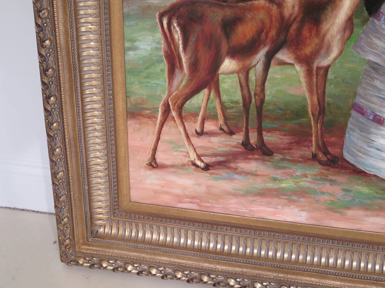 1990s Vintage "Woman Feeding Deer" Framed Oil Painting on Canvas - 3