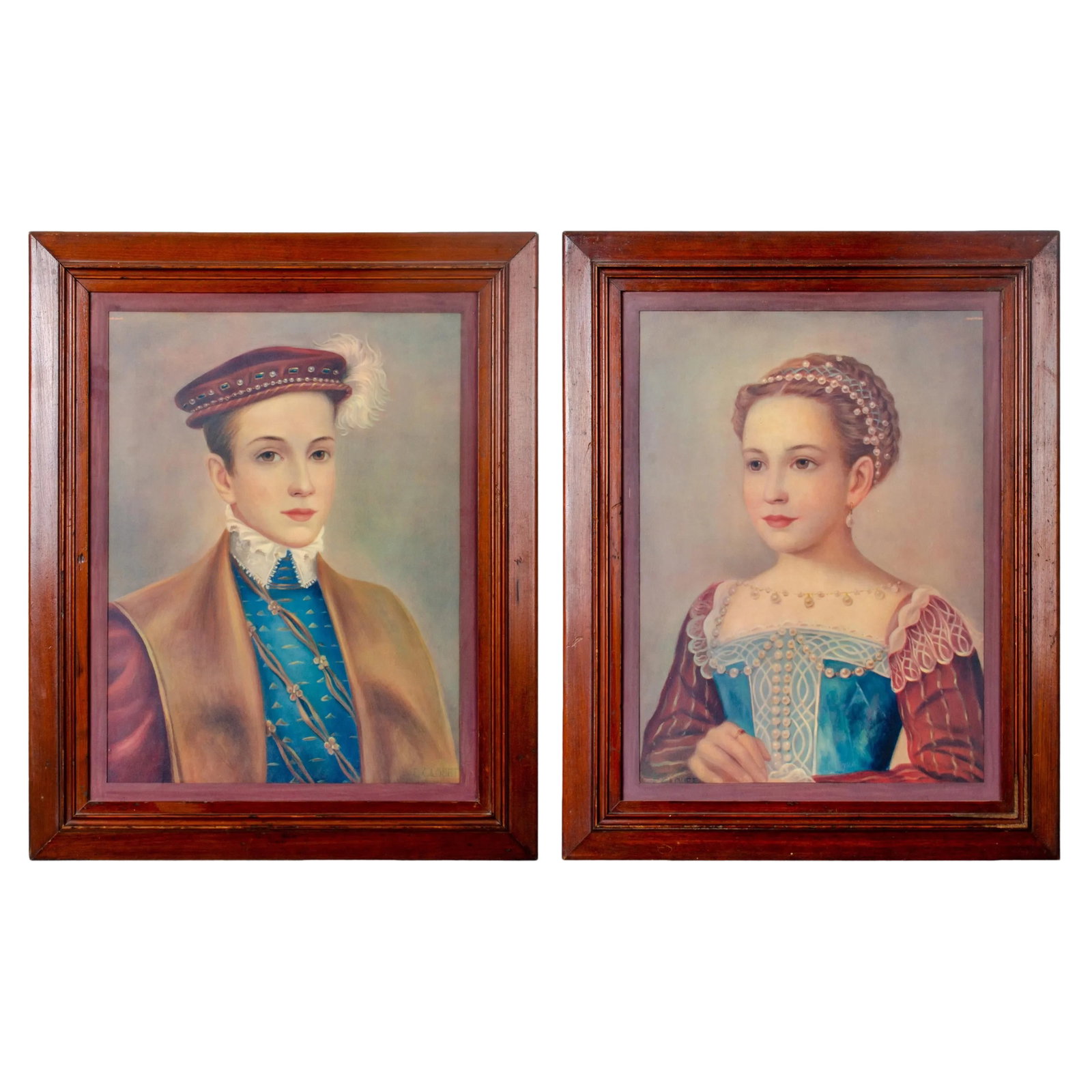 1940s Portraits of French Nobility, Lithographs After Francois Clouet - a Pair: Offered is a pair of lithograph portraits of a young man and woman of French nobility published by Camilla Lucas, after the original paintings by Francois Clouet. Clouet was a 16th century painter