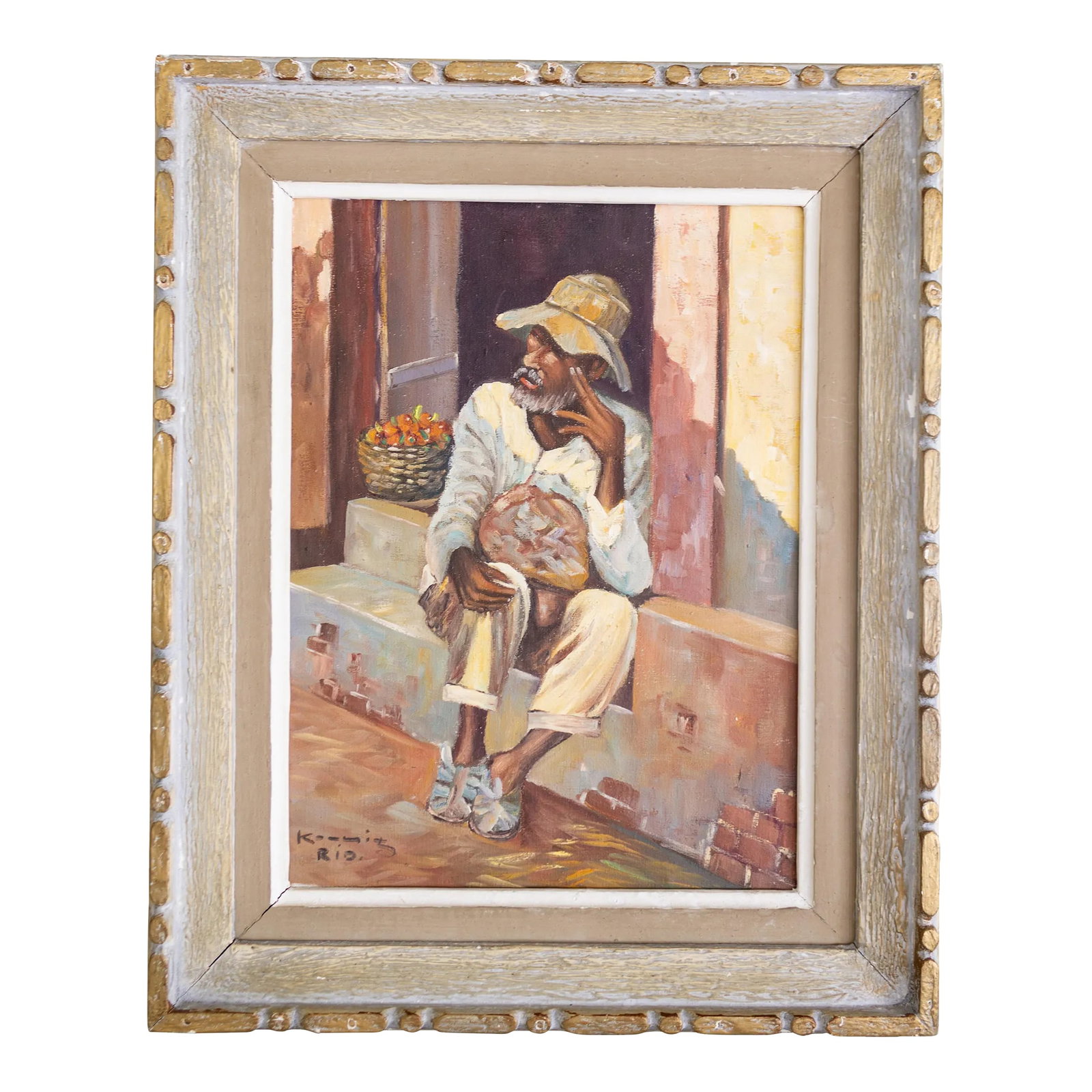 Figurative Painting of a Brazilian Man in Rio by Alfred Koenig: This 1940s figurative oil painting by German-Brazilian artist Alfred Koenig features a Brazilian street scene in Rio. A man rests in a street-side doorway stoop beside a basket of peppers or fruits