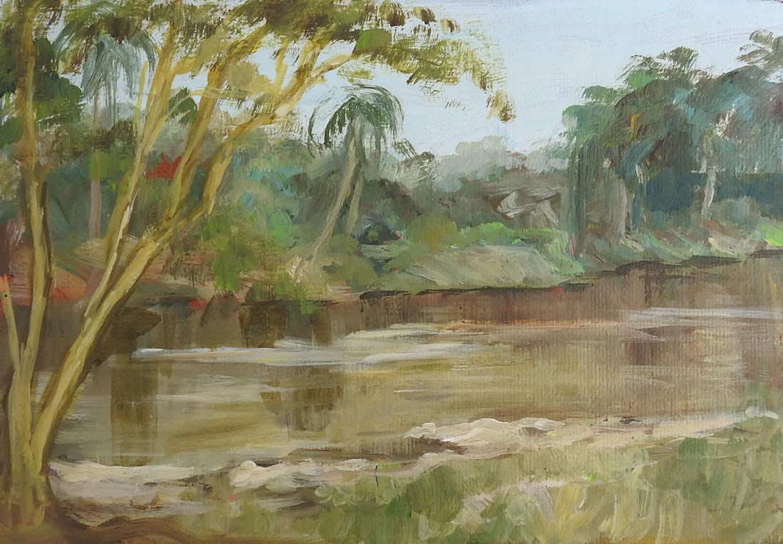 Mid 20th Century Tropical Inlet Painting: Oil on artist board painting of tropical inlet. Unsigned. Unframed mounted to foam core backing. Condition: Alterations: Original Condition Unaltered Imperfections: Some Imperfections Condition Notes: