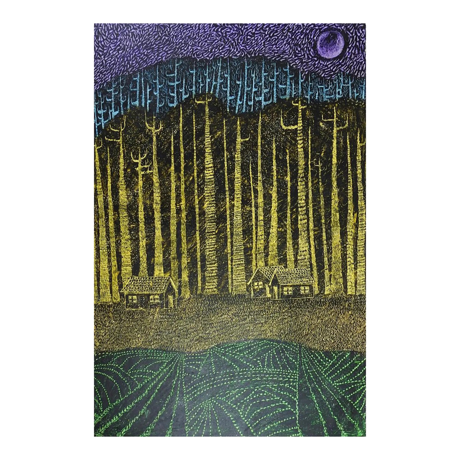 Mid 20th Century Modernist Forest Cabin Mixed Media Painting: Vintage mid 20th century mixed media on paper modernist forest and cabins painting. Unsigned, scratch through and oil pastel. Unframed, smudging along margins. Condition: Alterations: Original Conditi