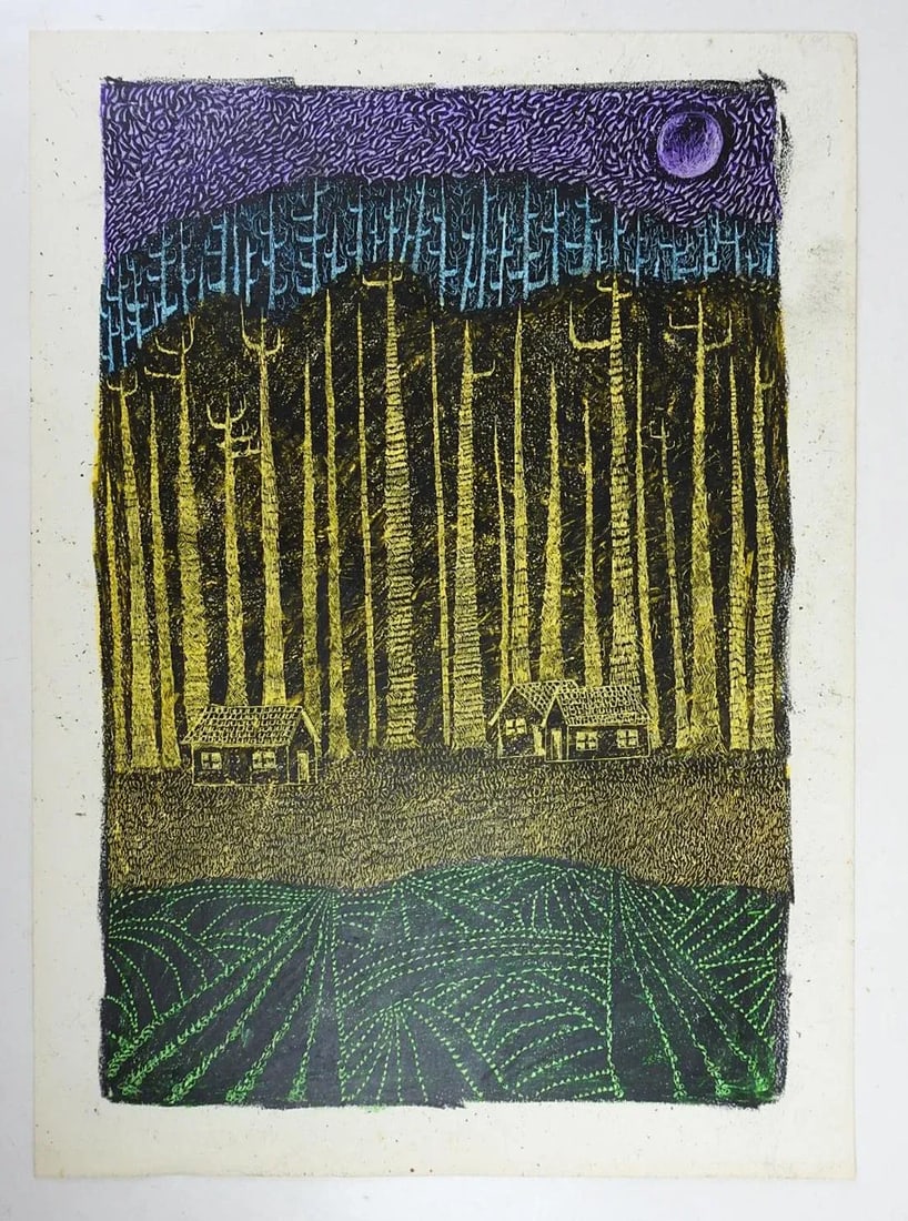 Mid 20th Century Modernist Forest Cabin Mixed Media Painting - 2