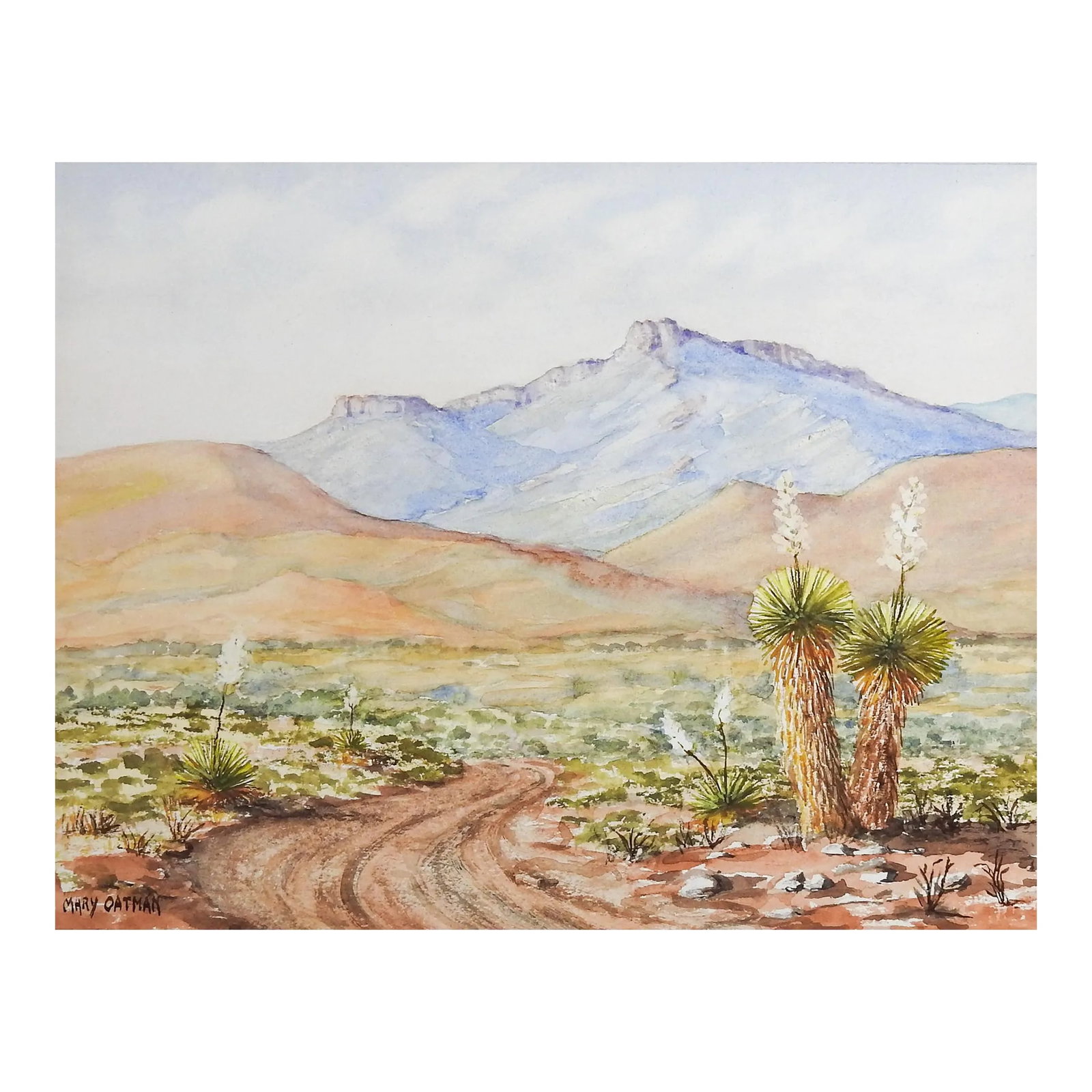 Vintage Desert Mountain Landscape Watercolor Painting: Vintage late 20th century watercolor on artist board painting of desert mountain landscape by Mary Oatman (20th century) Texas. Signed lower left. Unframed, image size 9" x 7", edge wear, tape