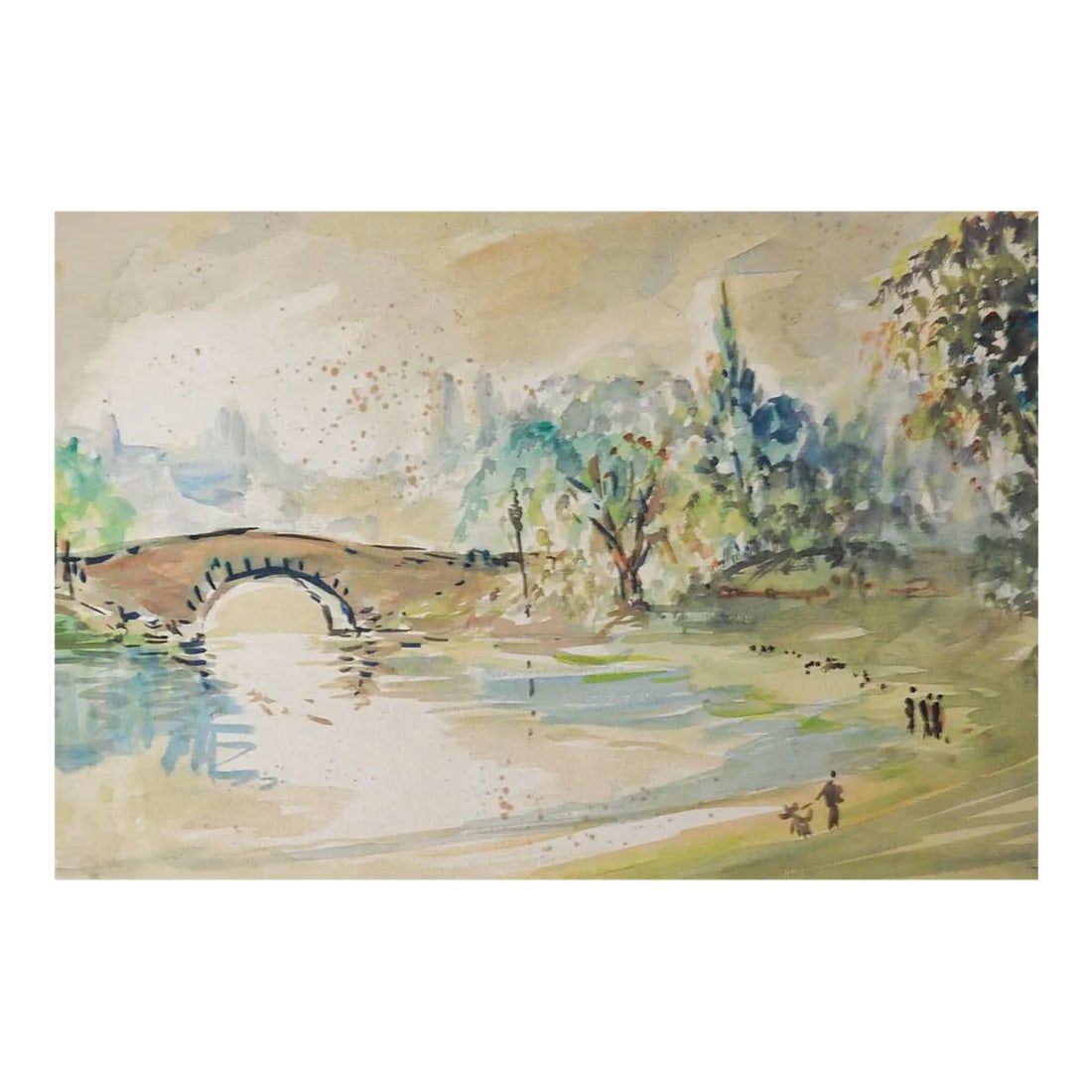 Mid 20th Century French School Riverside Landscape Watercolor Painting: Watercolor on paper French School riverside landscape with stone bridge. Unsigned. Unframed, mounted on cardboard backing, age toning, scattered foxing spots. Condition: Alterations: Original