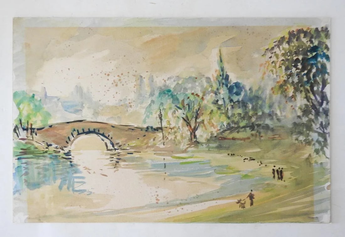 Mid 20th Century French School Riverside Landscape Watercolor Painting - 2