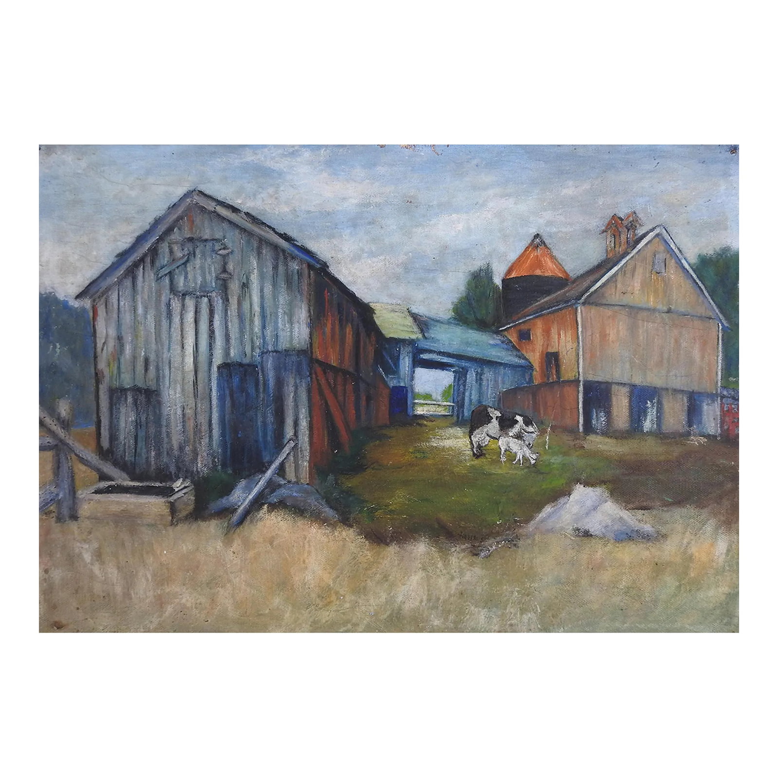 Vintage Mid 20th Century Pastoral Farm Scene With Cow Painting (1 of 7)