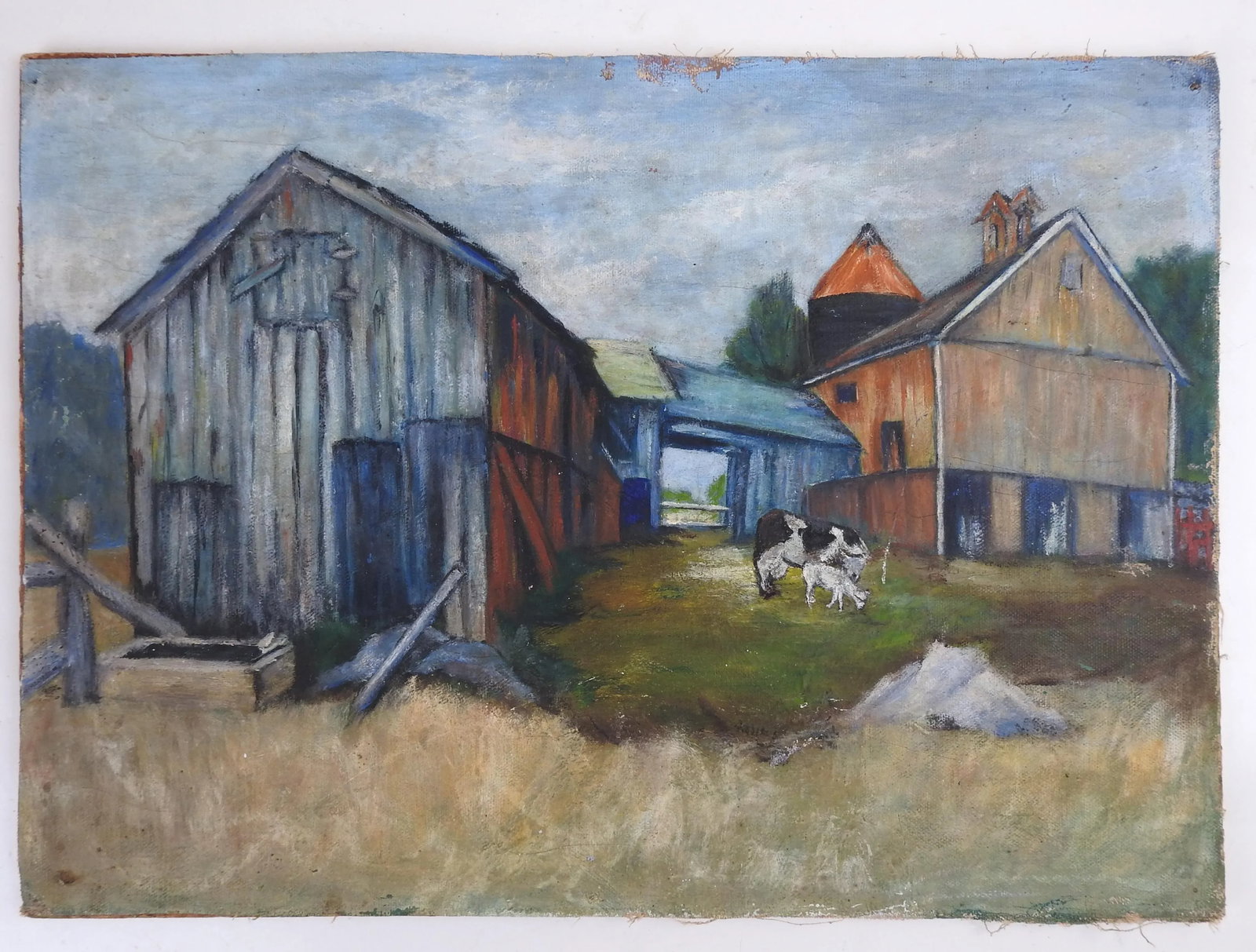 Vintage Mid 20th Century Pastoral Farm Scene With Cow Painting - 7