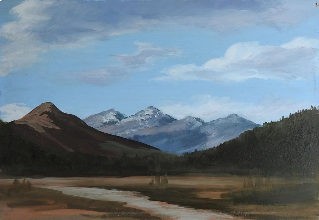 Mountain River Valley Landscape Painting: Acrylic on mat board painting of mountains and river valley. Signed Frances lower right corner, small area paint loss upper right corner. Unframed, edge wear. Condition: Alterations: Original