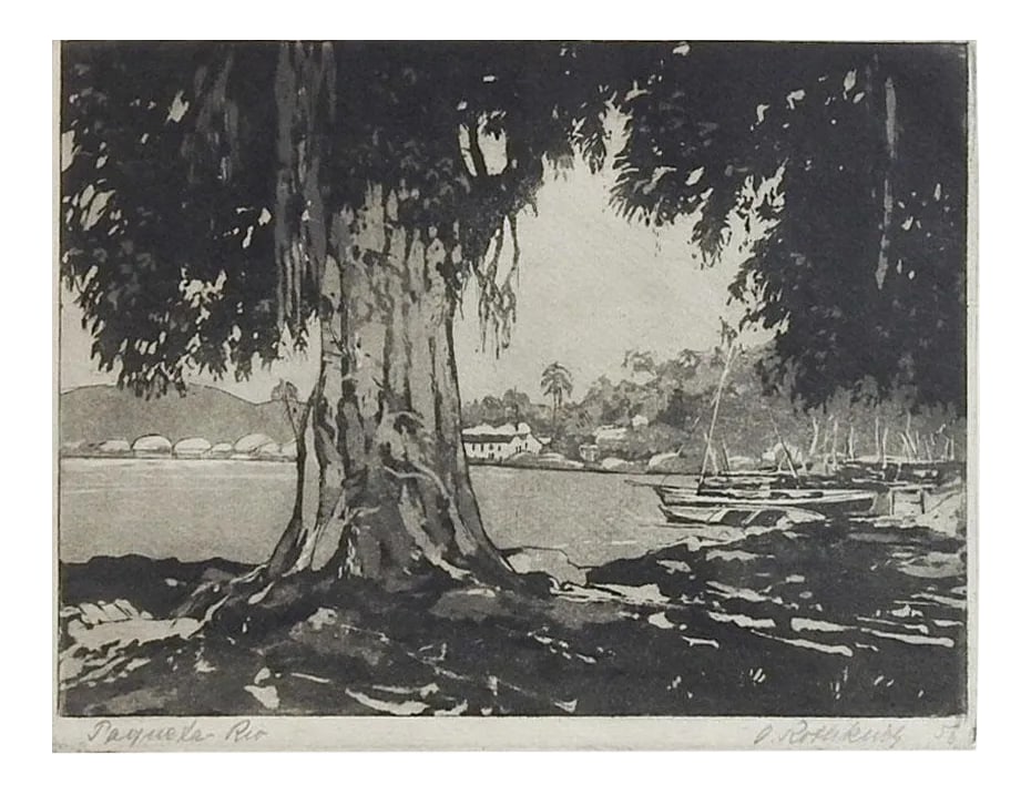 Brazilian Harbor Etching by Oskar Rothkirch: Etching on paper of harbor in Brazil by Oskar Rothkirch (1880-1961) Germany/Brazil. Signed, dated 1956 and titled in pencil along lower margin. Image size 8.5" x 6.5", age toning, some foxing in margi
