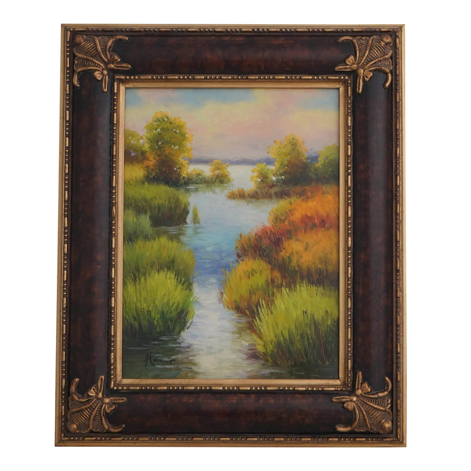 Framed Marsh Signed Oil Painting on Canvas ~ Signed: Age: Approx: 25 Years Old Details: High Quality Construction Marsh Scene Artist Signed Vibrant Colors Nice Gold Accent Frame Condition: Excellent Clean Original Finish & Condition Size: 18.5w x 1.5d